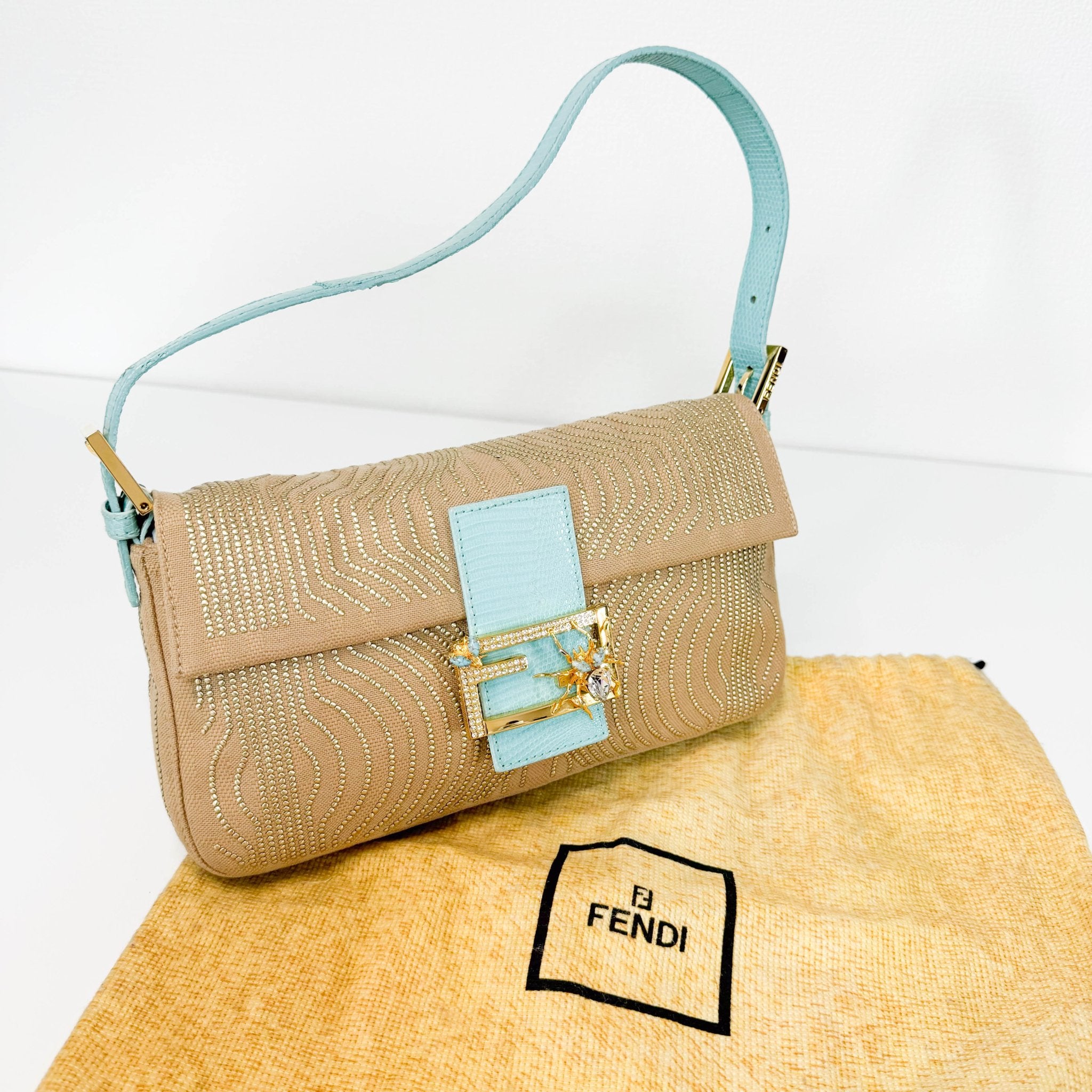 FENDI Baguette Canvas Studded Spider Hardware Beige / Turquoise Shoulder Bag, in , Sold by HIVE PRELOVED - Shoulder Bags, ,