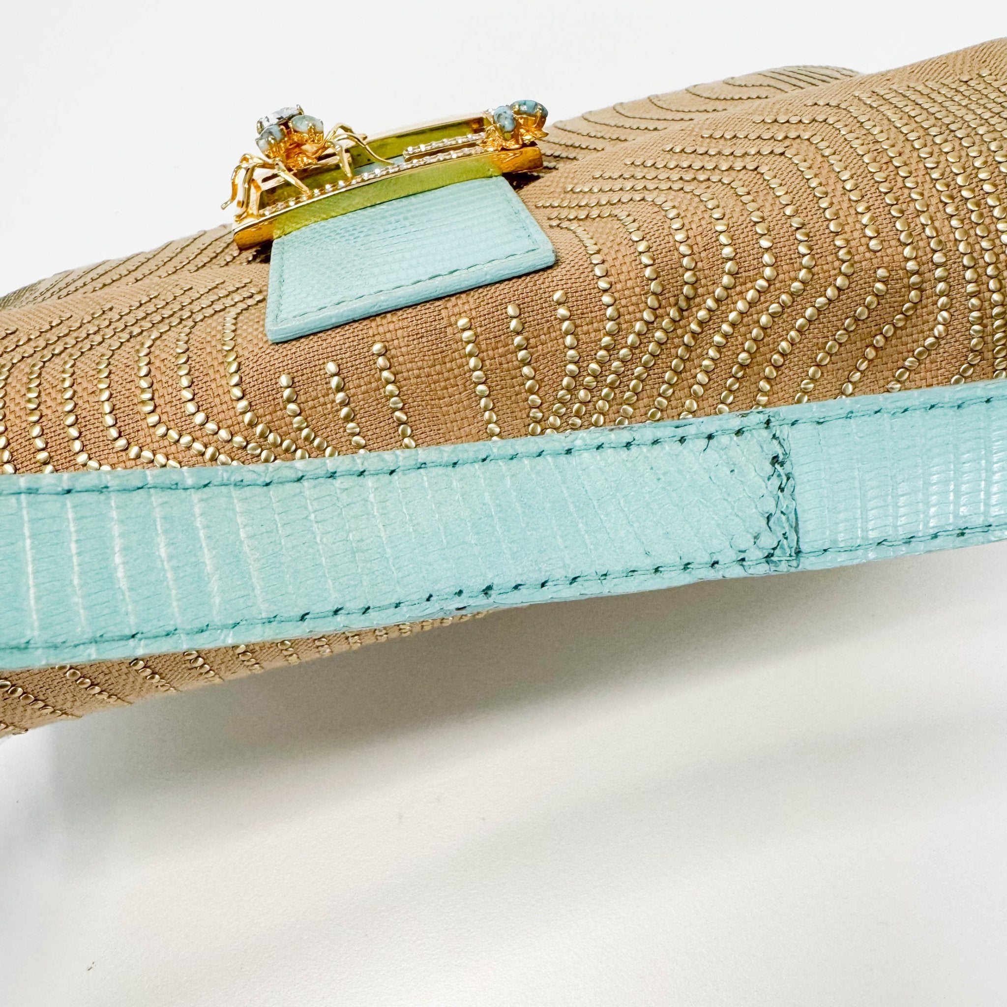 FENDI Baguette Canvas Studded Spider Hardware Beige / Turquoise Shoulder Bag, in , Sold by HIVE PRELOVED - Shoulder Bags, ,