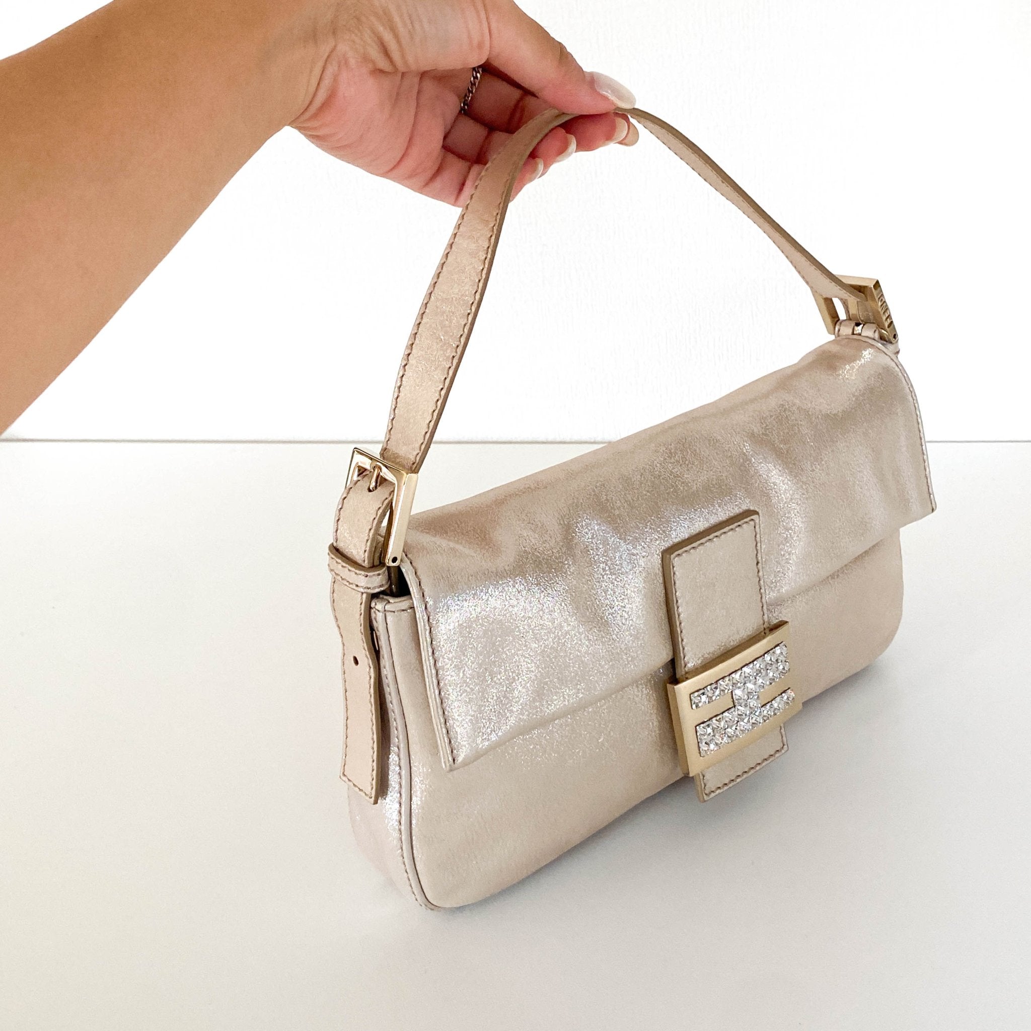 FENDI Baguette Champagne Gold Leather / Rhinestone Hardware