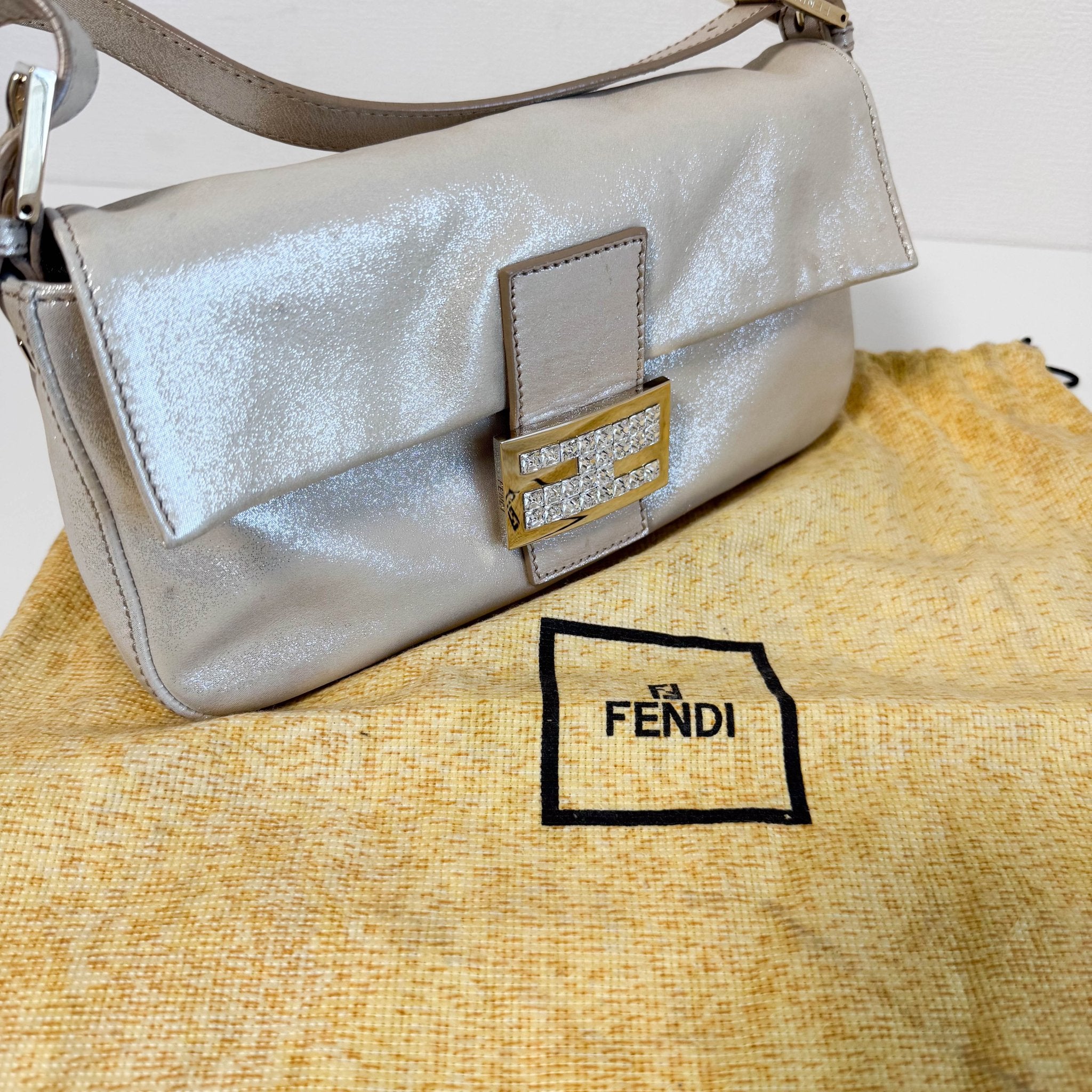 FENDI Baguette Champagne Gold Shoulder Bag Rhinestone Hardware, in , Sold by HIVE PRELOVED - Shoulder Bags, ,