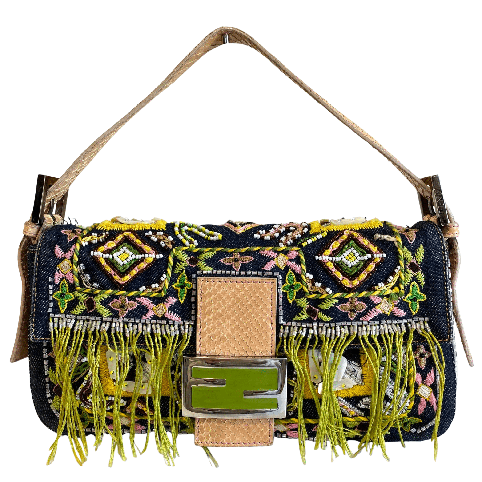 FENDI Baguette Denim Embroidered Beaded Pink / Green Shoulder Bag, in , Sold by HIVE PRELOVED - Shoulder Bags, ,