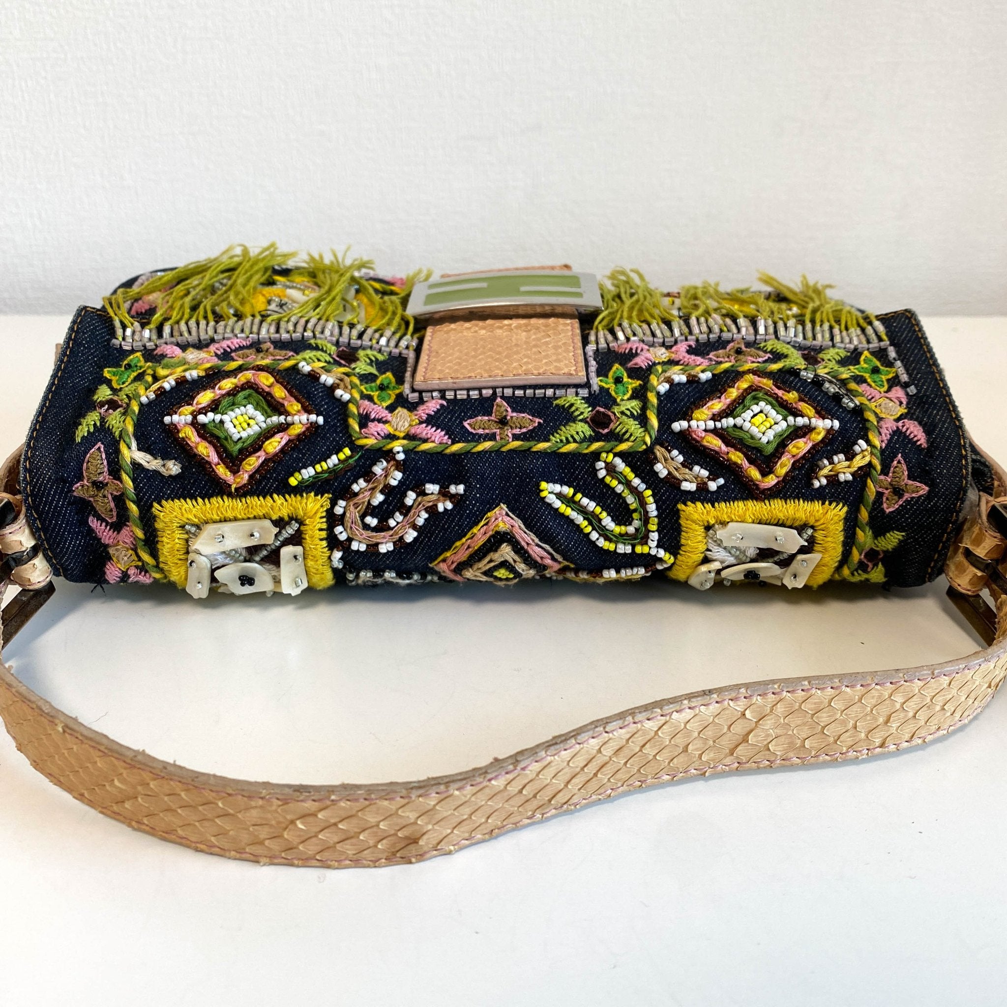 FENDI Baguette Denim Embroidered Beaded Pink / Green Shoulder Bag, in , Sold by HIVE PRELOVED - Shoulder Bags, ,