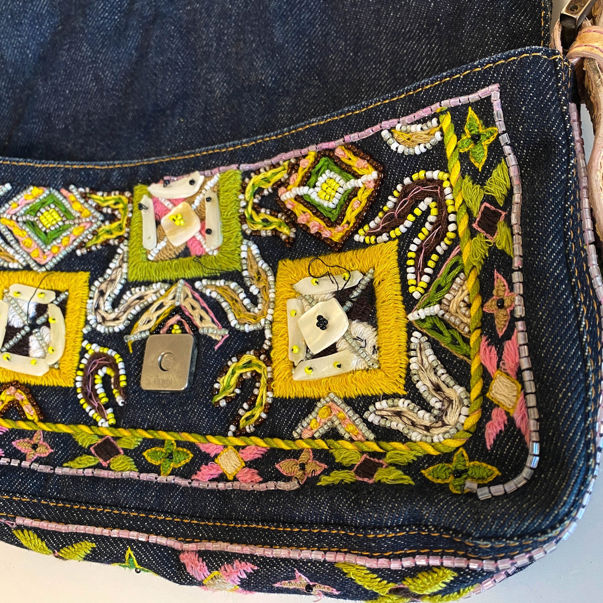 FENDI Baguette Denim Embroidered Beaded Pink / Green Shoulder Bag, in , Sold by HIVE PRELOVED - Shoulder Bags, ,