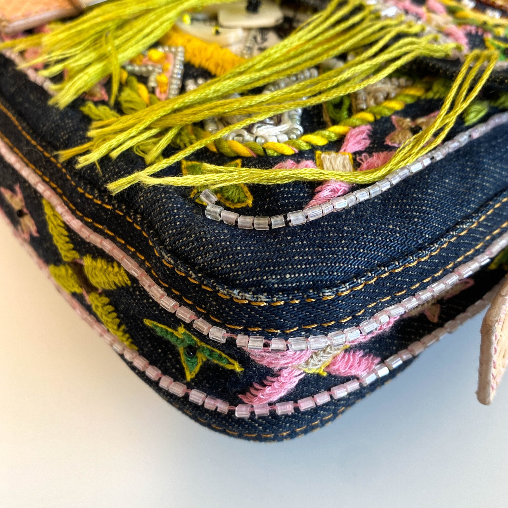 FENDI Baguette Denim Embroidered Beaded Pink / Green Shoulder Bag, in , Sold by HIVE PRELOVED - Shoulder Bags, ,