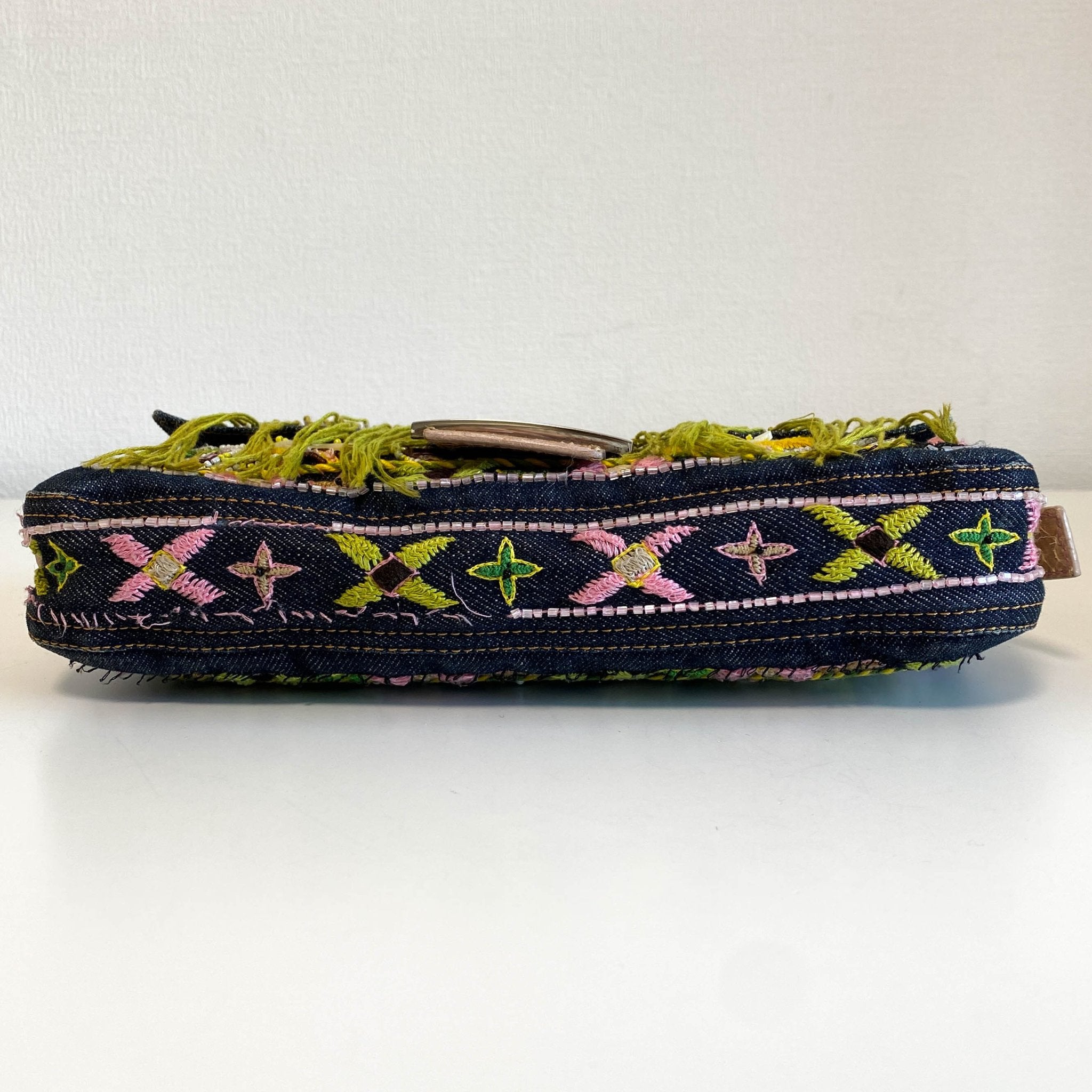 FENDI Baguette Denim Embroidered Beaded Pink / Green Shoulder Bag, in , Sold by HIVE PRELOVED - Shoulder Bags, ,