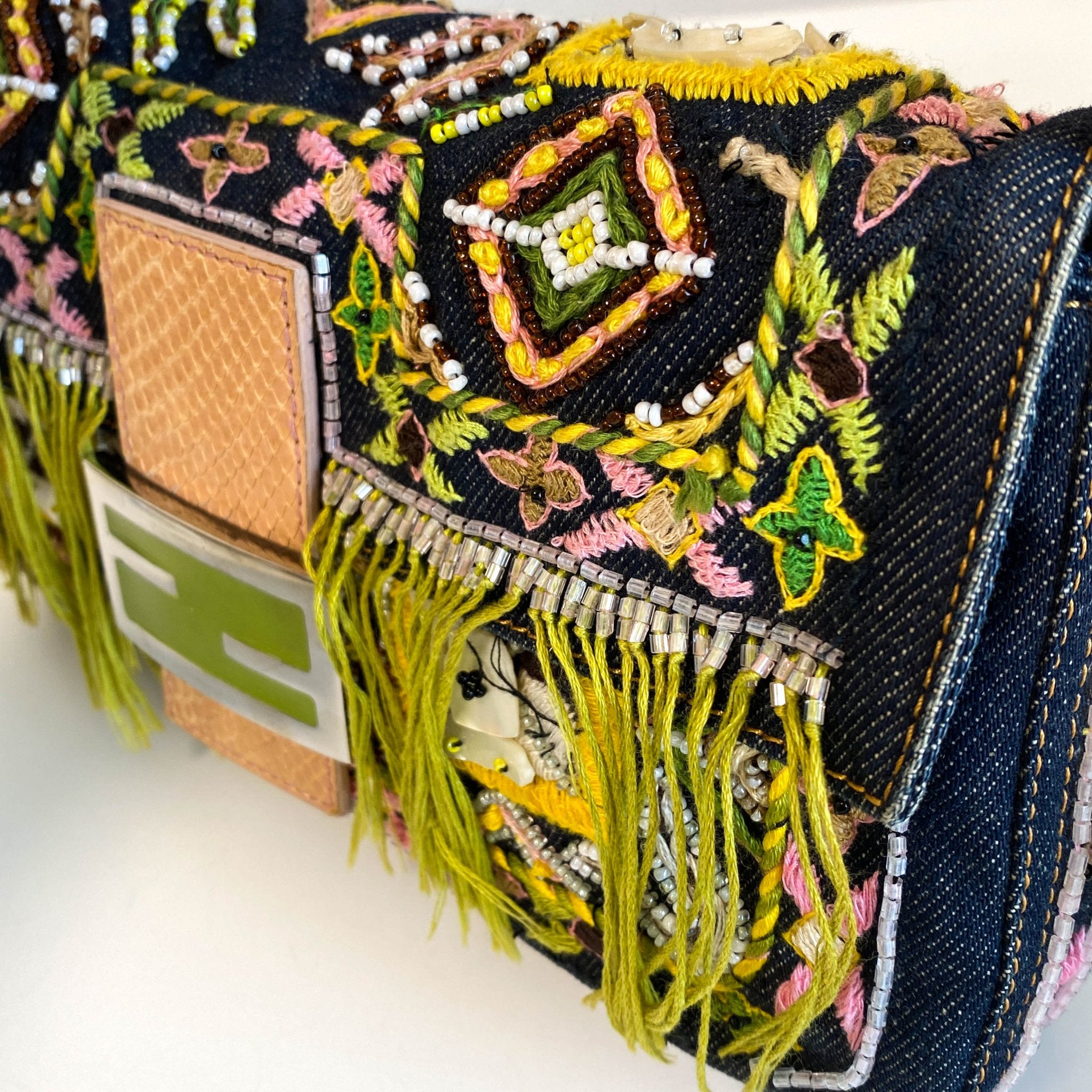 FENDI Baguette Denim Embroidered Beaded Pink / Green Shoulder Bag, in , Sold by HIVE PRELOVED - Shoulder Bags, ,