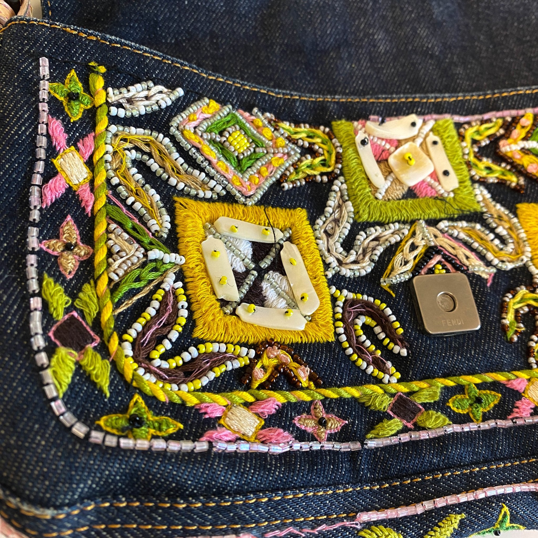 FENDI Baguette Denim Embroidered Beaded Pink / Green Shoulder Bag, in , Sold by HIVE PRELOVED - Shoulder Bags, ,