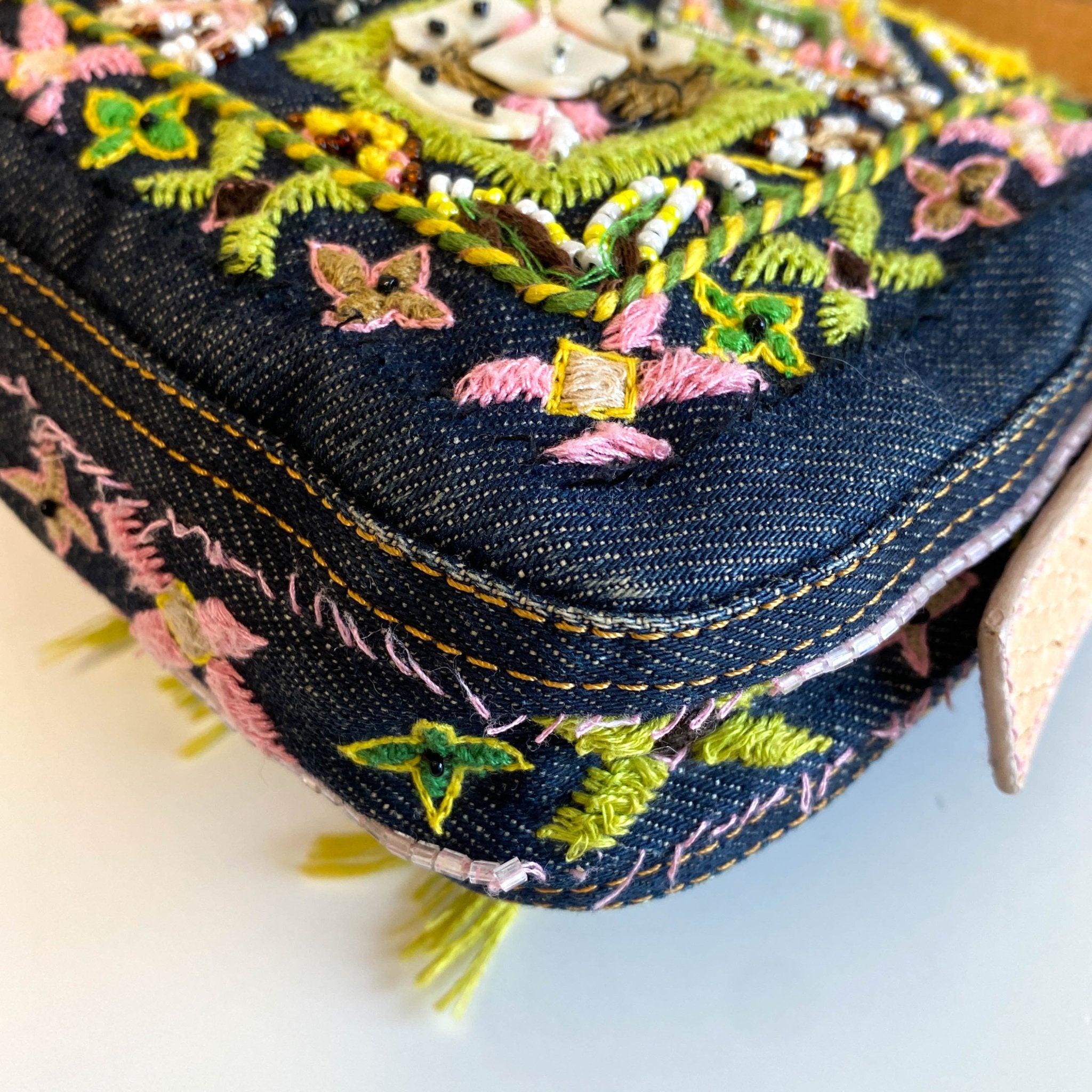 FENDI Baguette Denim Embroidered Beaded Pink / Green Shoulder Bag, in , Sold by HIVE PRELOVED - Shoulder Bags, ,