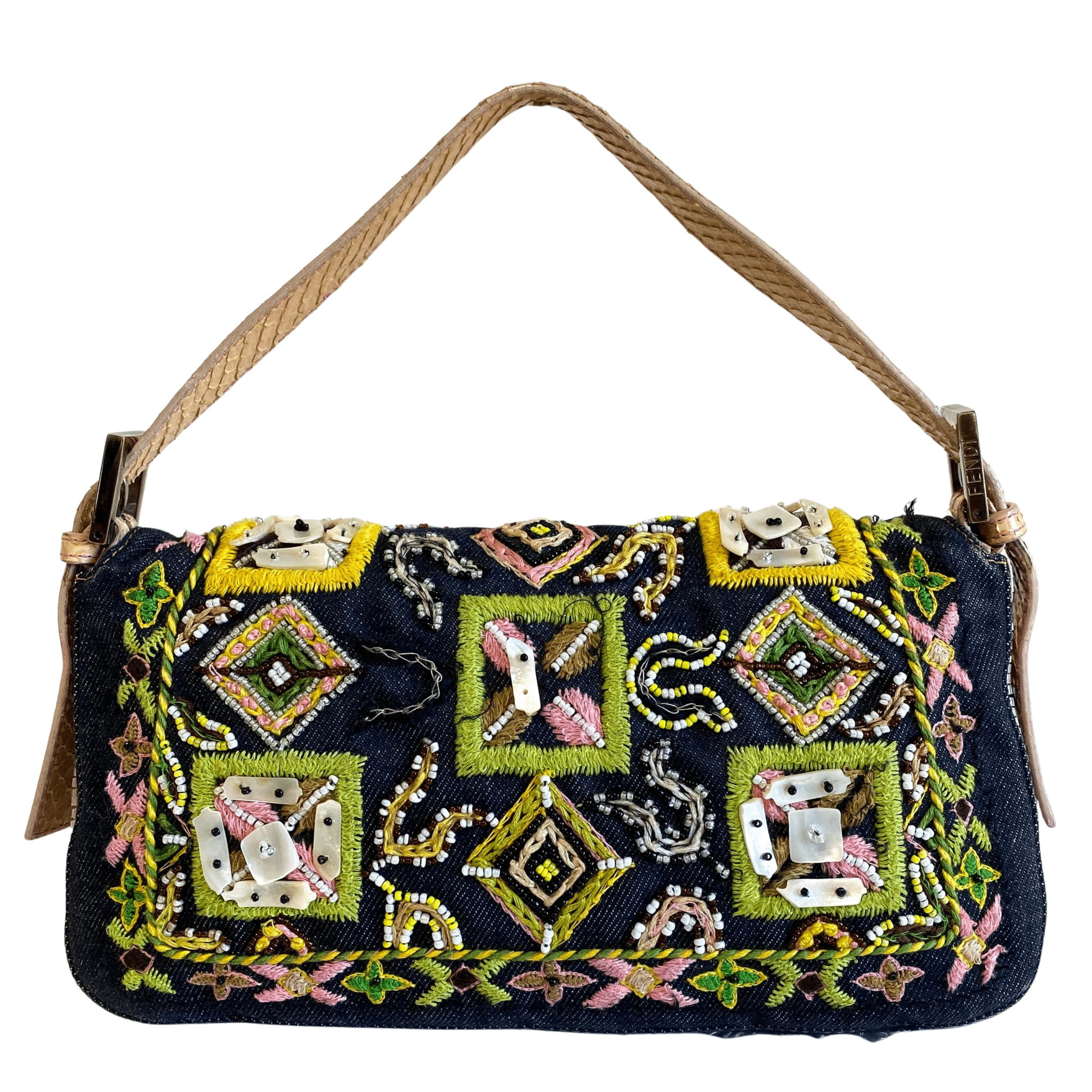 FENDI Baguette Denim Embroidered Beaded Pink / Green Shoulder Bag, in , Sold by HIVE PRELOVED - Shoulder Bags, ,