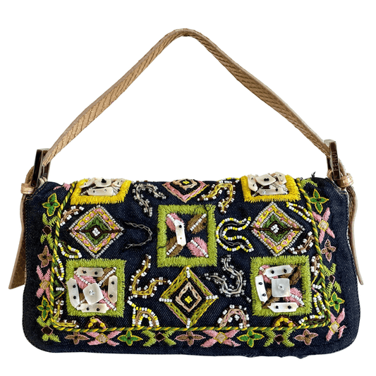 FENDI Baguette Denim Embroidered Beaded Pink / Green Shoulder Bag, in , Sold by HIVE PRELOVED - Shoulder Bags, ,