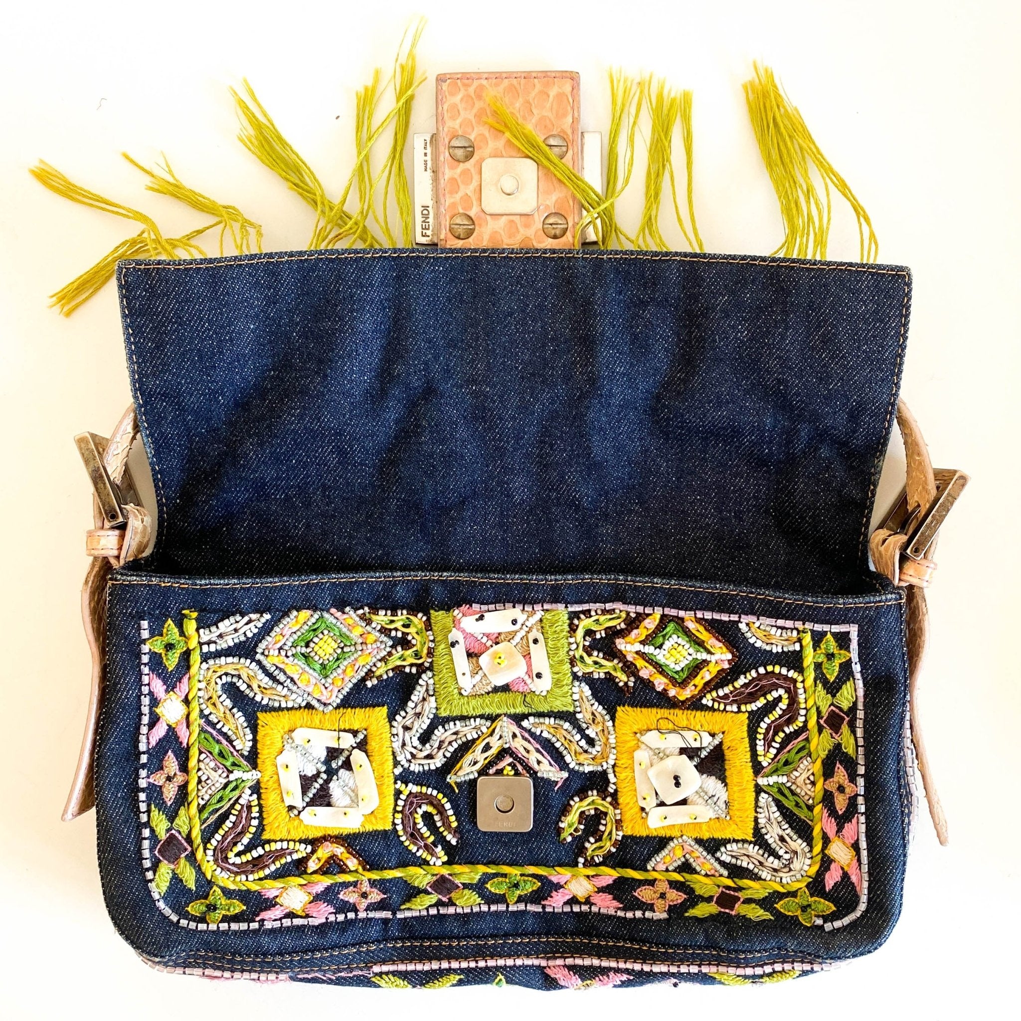 FENDI Baguette Denim Embroidered Beaded Pink / Green Shoulder Bag, in , Sold by HIVE PRELOVED - Shoulder Bags, ,