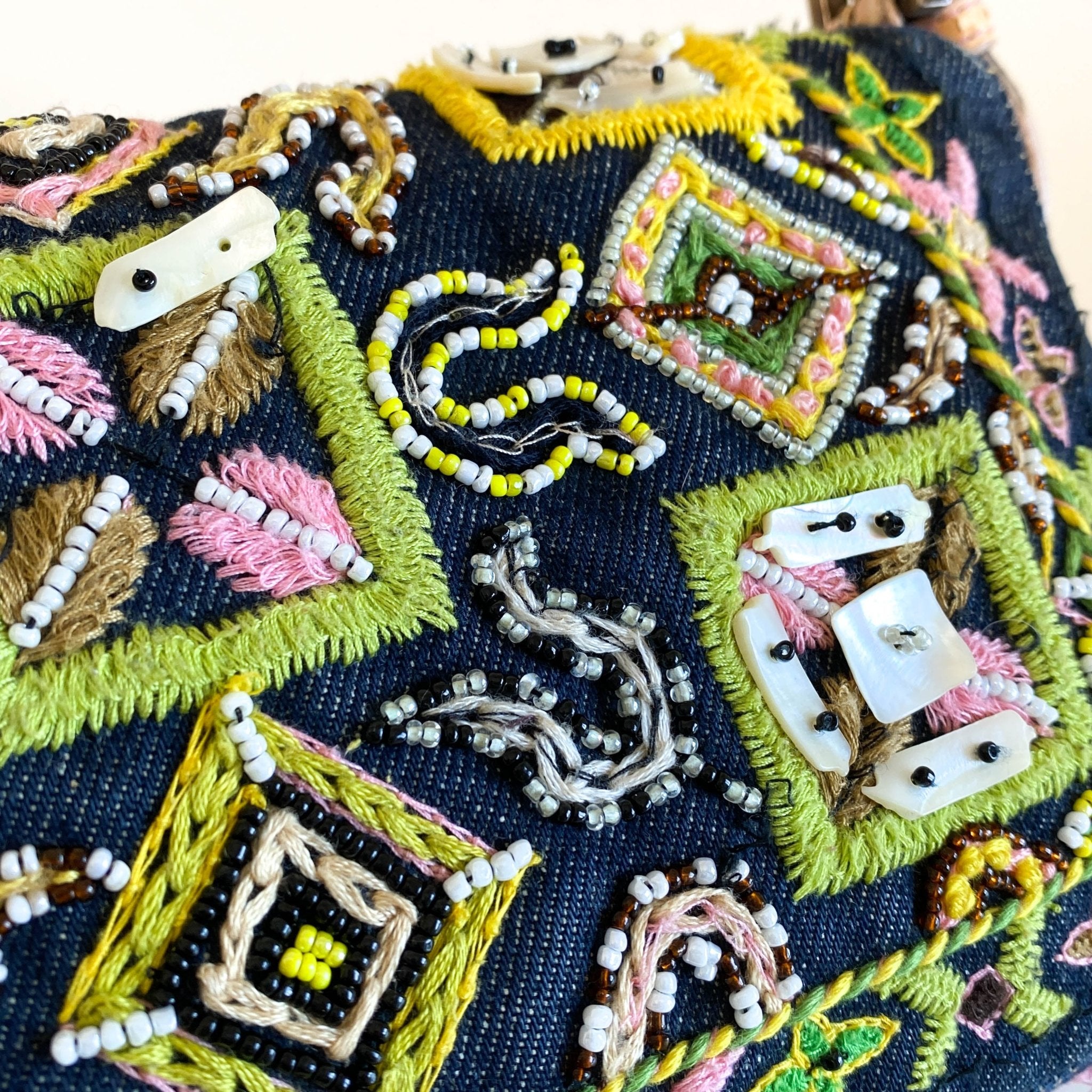 FENDI Baguette Denim Embroidered Beaded Pink / Green Shoulder Bag, in , Sold by HIVE PRELOVED - Shoulder Bags, ,