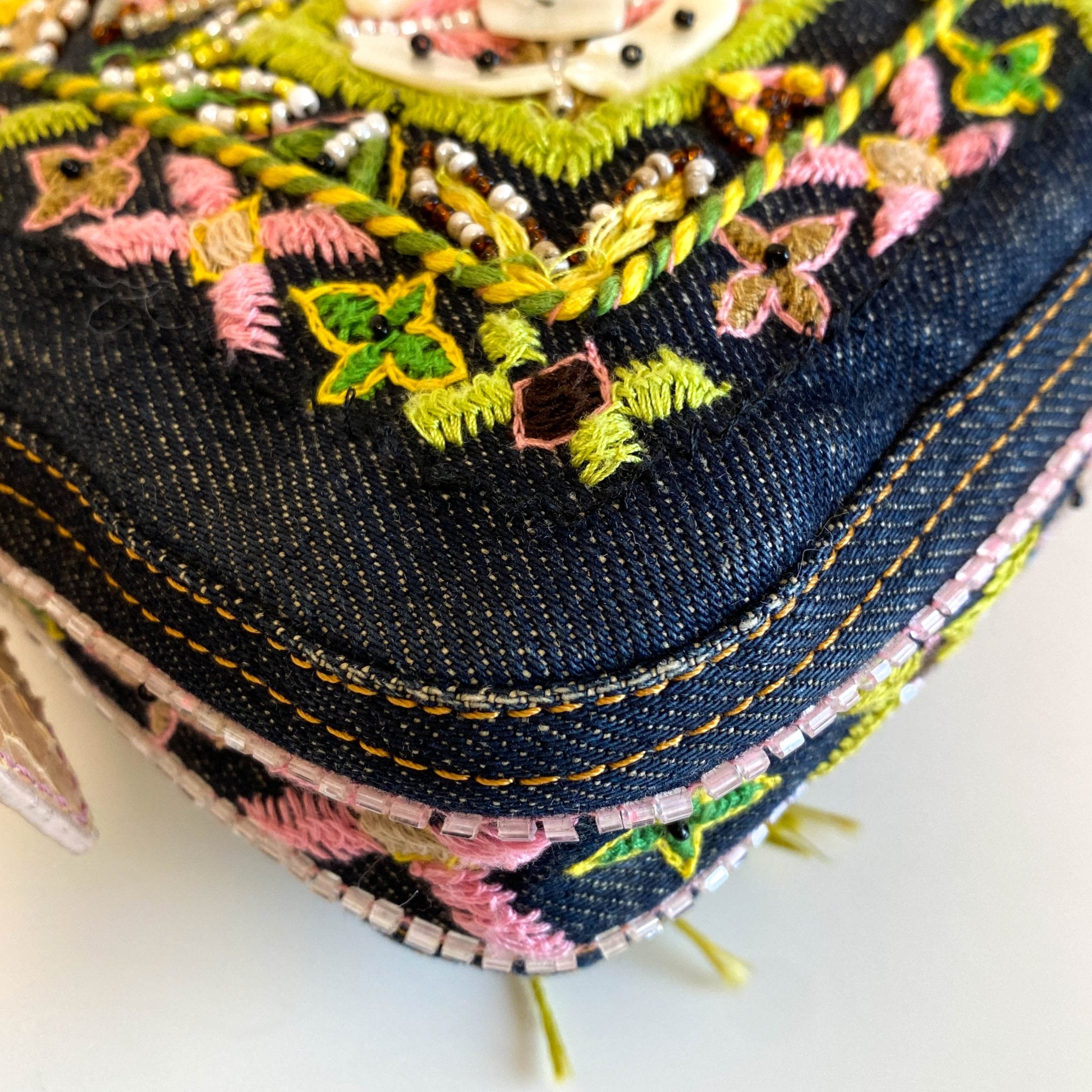 FENDI Baguette Denim Embroidered Beaded Pink / Green Shoulder Bag, in , Sold by HIVE PRELOVED - Shoulder Bags, ,
