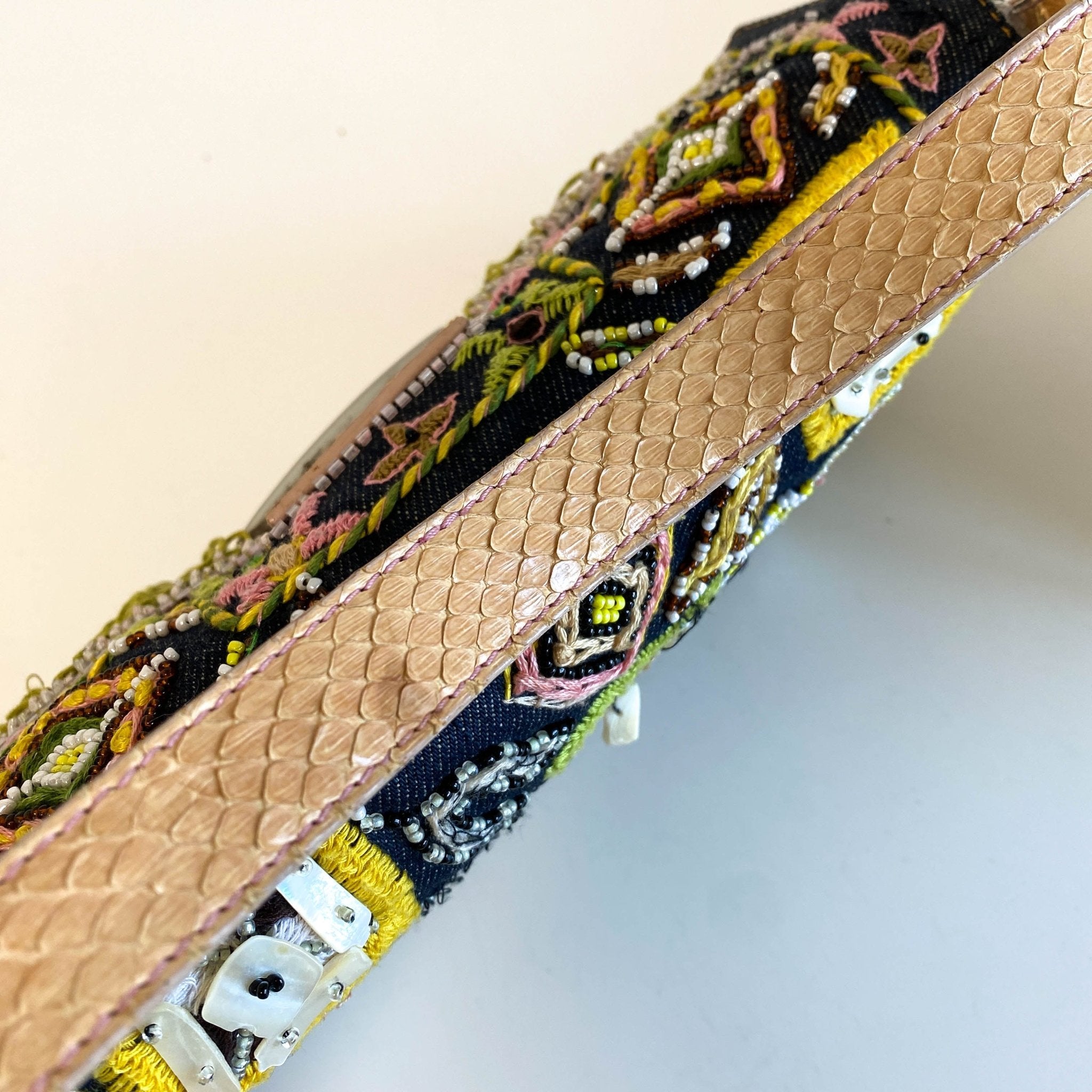 FENDI Baguette Denim Embroidered Beaded Pink / Green Shoulder Bag, in , Sold by HIVE PRELOVED - Shoulder Bags, ,