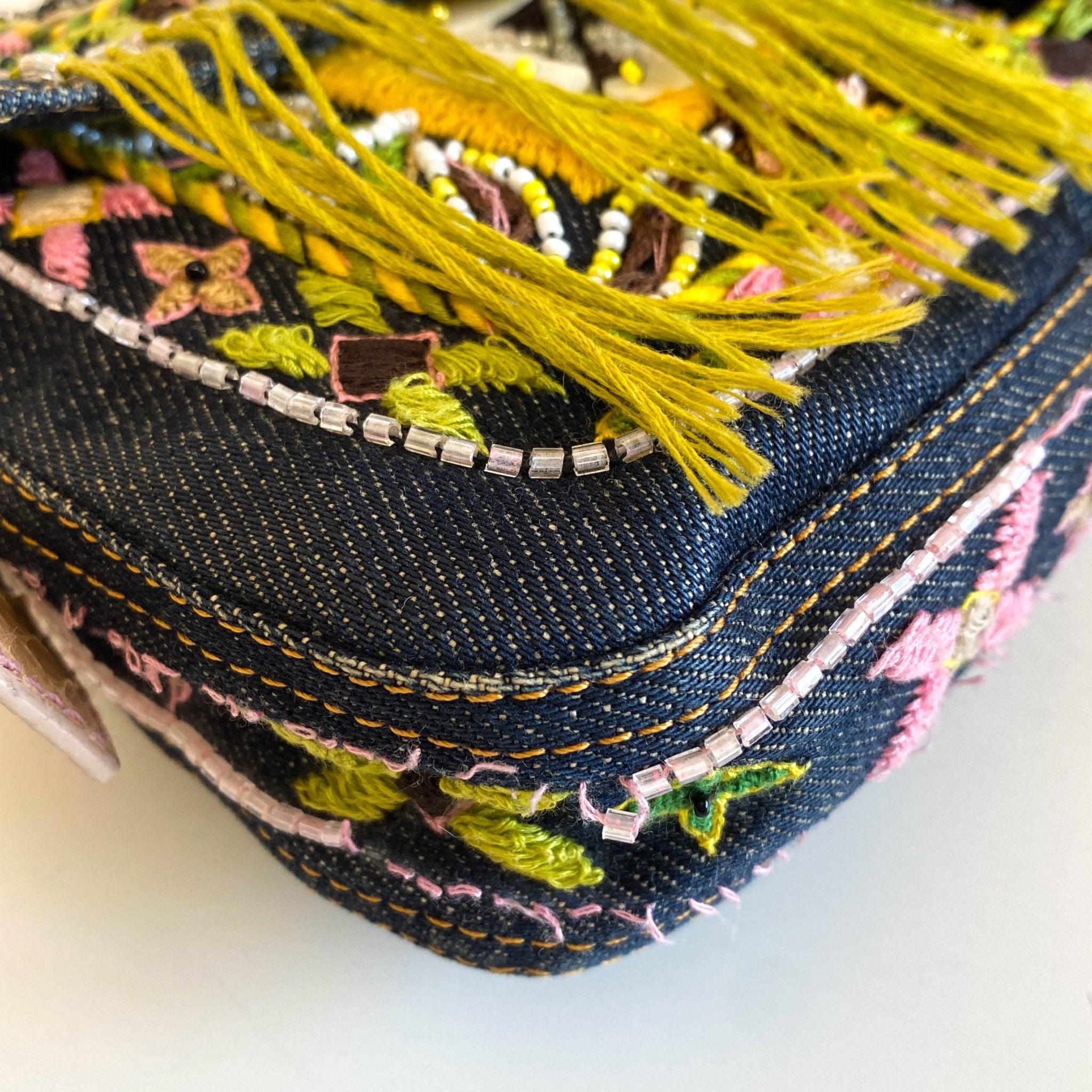 FENDI Baguette Denim Embroidered Beaded Pink / Green Shoulder Bag, in , Sold by HIVE PRELOVED - Shoulder Bags, ,