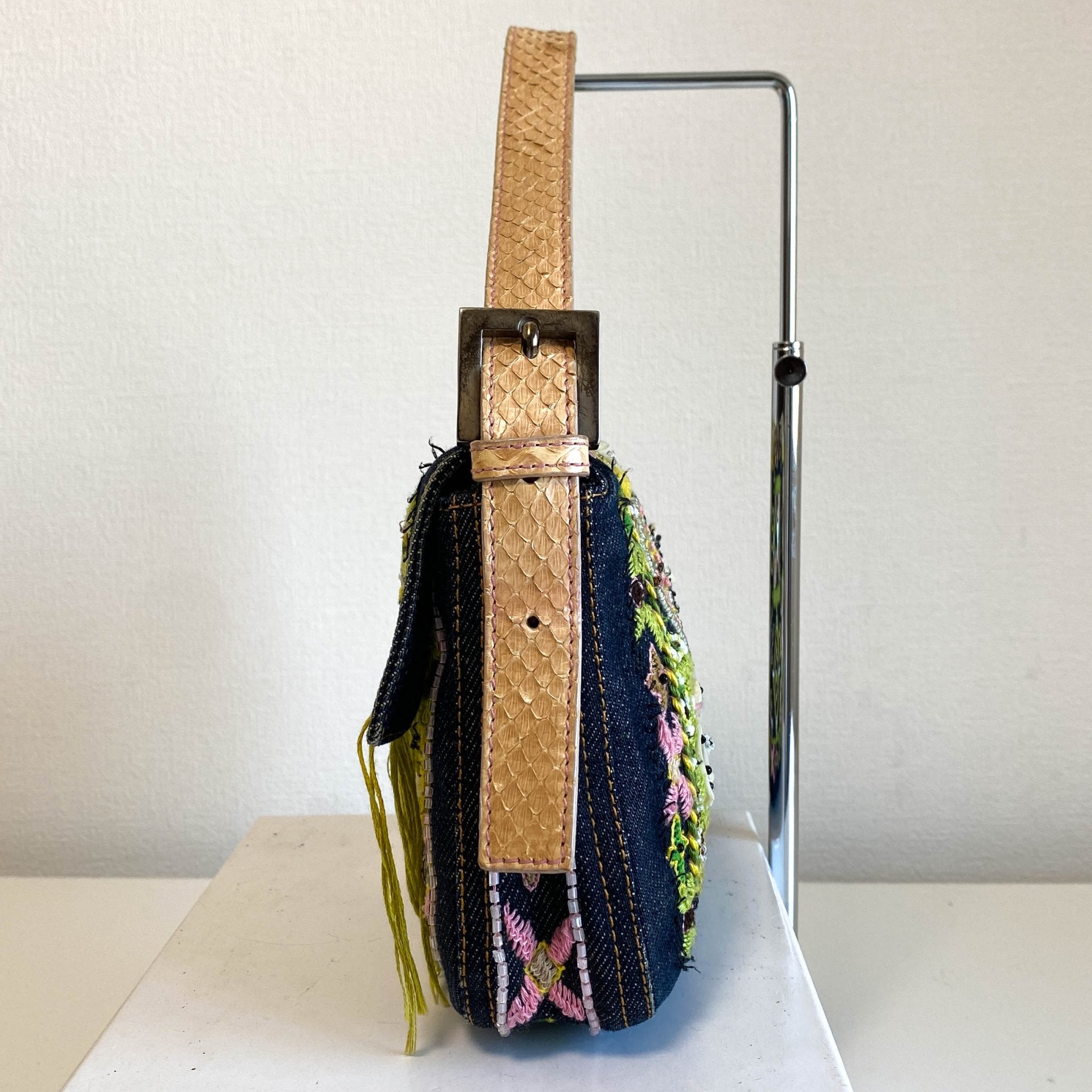 FENDI Baguette Denim Embroidered Beaded Pink / Green Shoulder Bag, in , Sold by HIVE PRELOVED - Shoulder Bags, ,