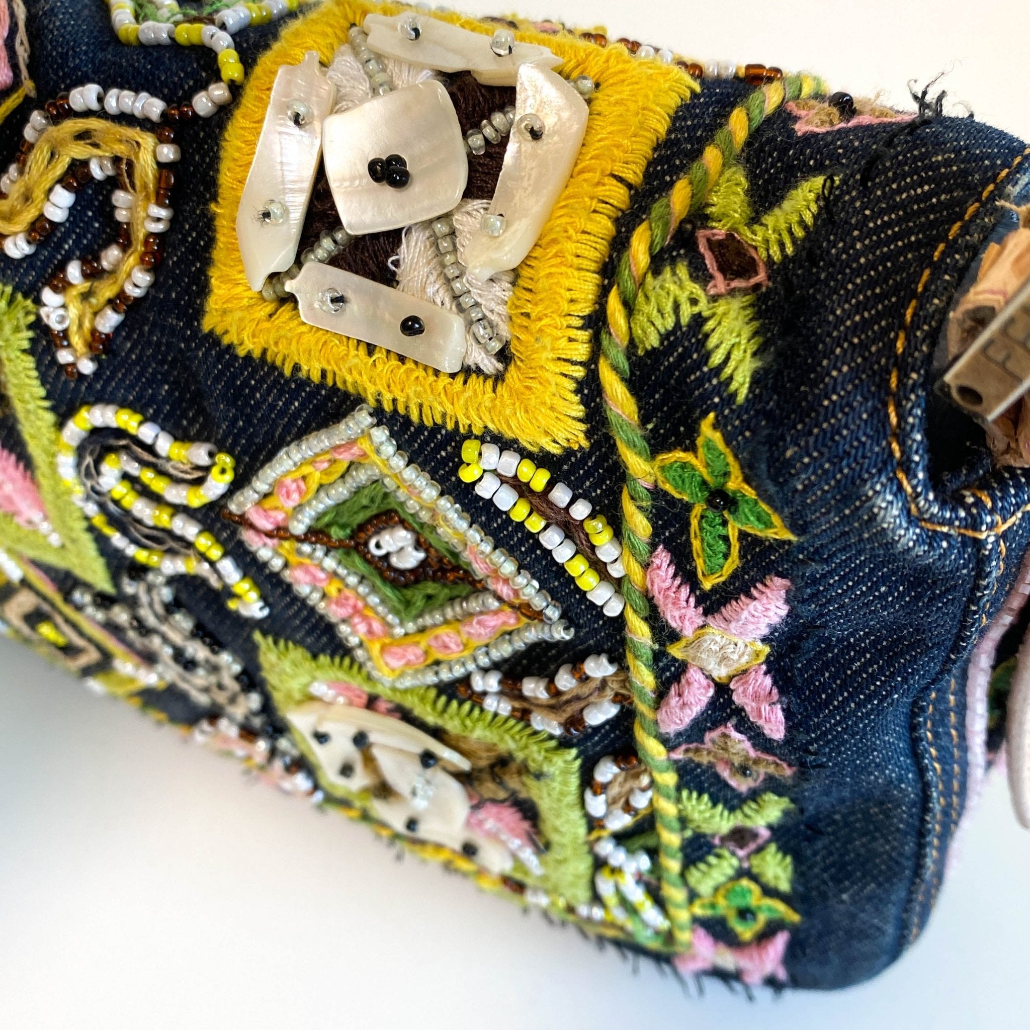 FENDI Baguette Denim Embroidered Beaded Pink / Green Shoulder Bag, in , Sold by HIVE PRELOVED - Shoulder Bags, ,
