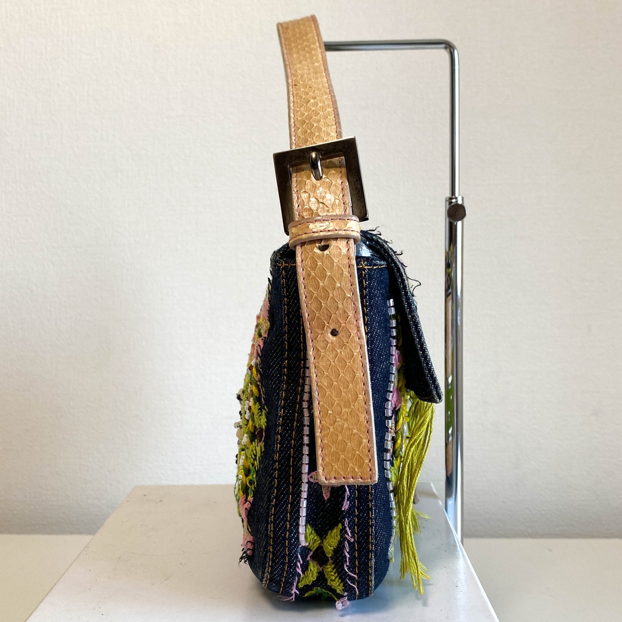 FENDI Baguette Denim Embroidered Beaded Pink / Green Shoulder Bag, in , Sold by HIVE PRELOVED - Shoulder Bags, ,