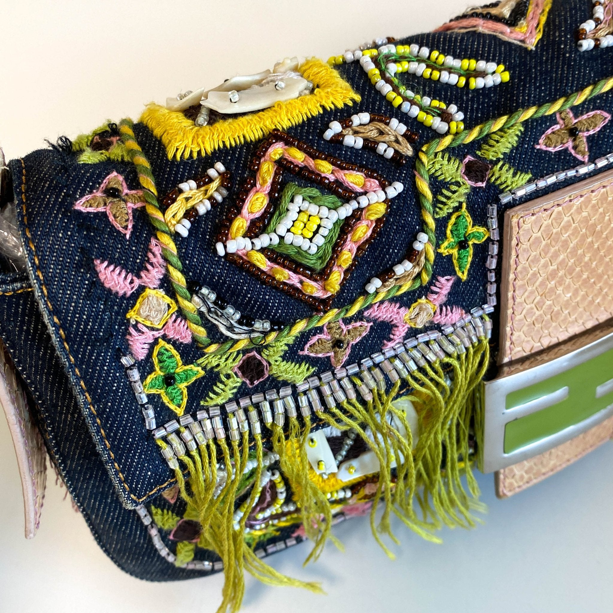 FENDI Baguette Denim Embroidered Beaded Pink / Green Shoulder Bag, in , Sold by HIVE PRELOVED - Shoulder Bags, ,