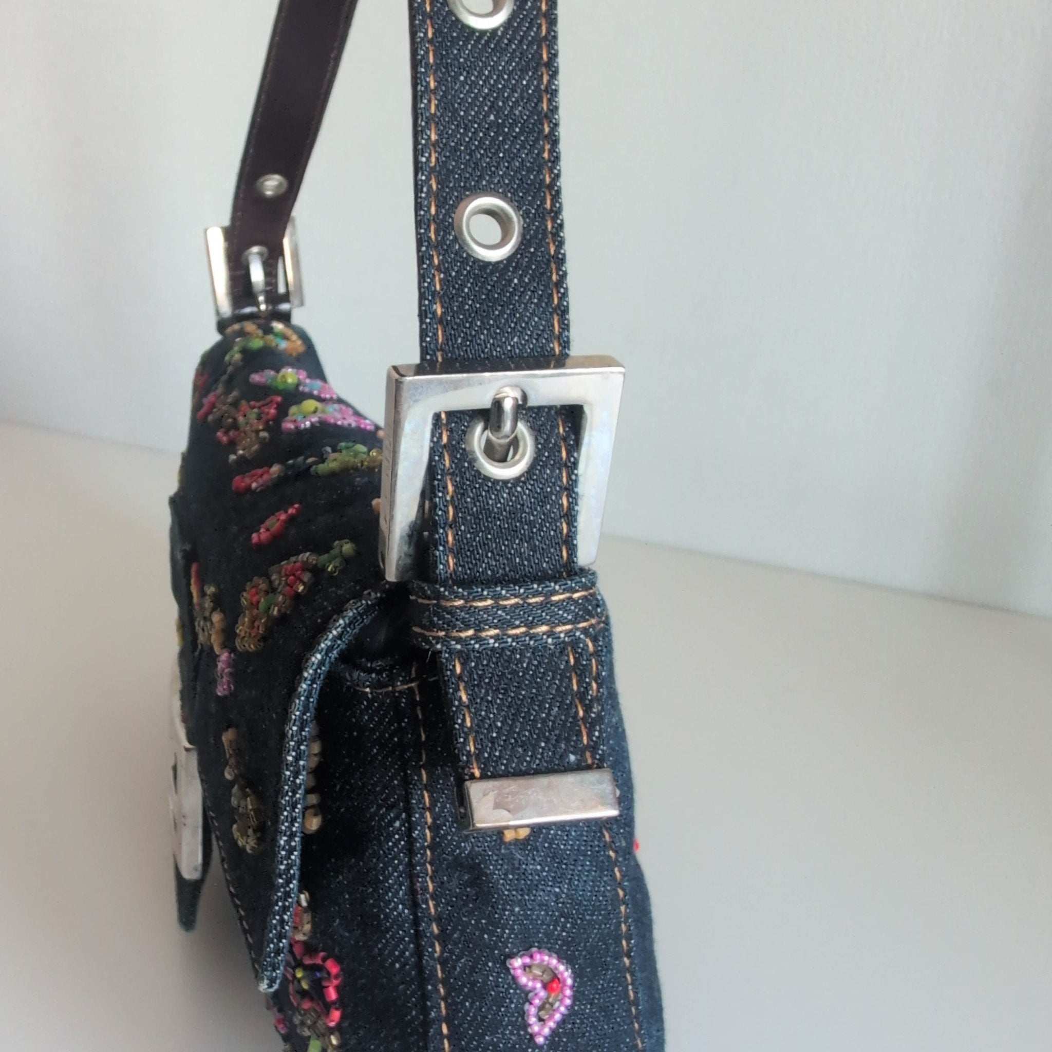 FENDI Baguette Denim Floral Beaded Shoulder Bag, in , Sold by HIVE PRELOVED - Shoulder Bags, ,