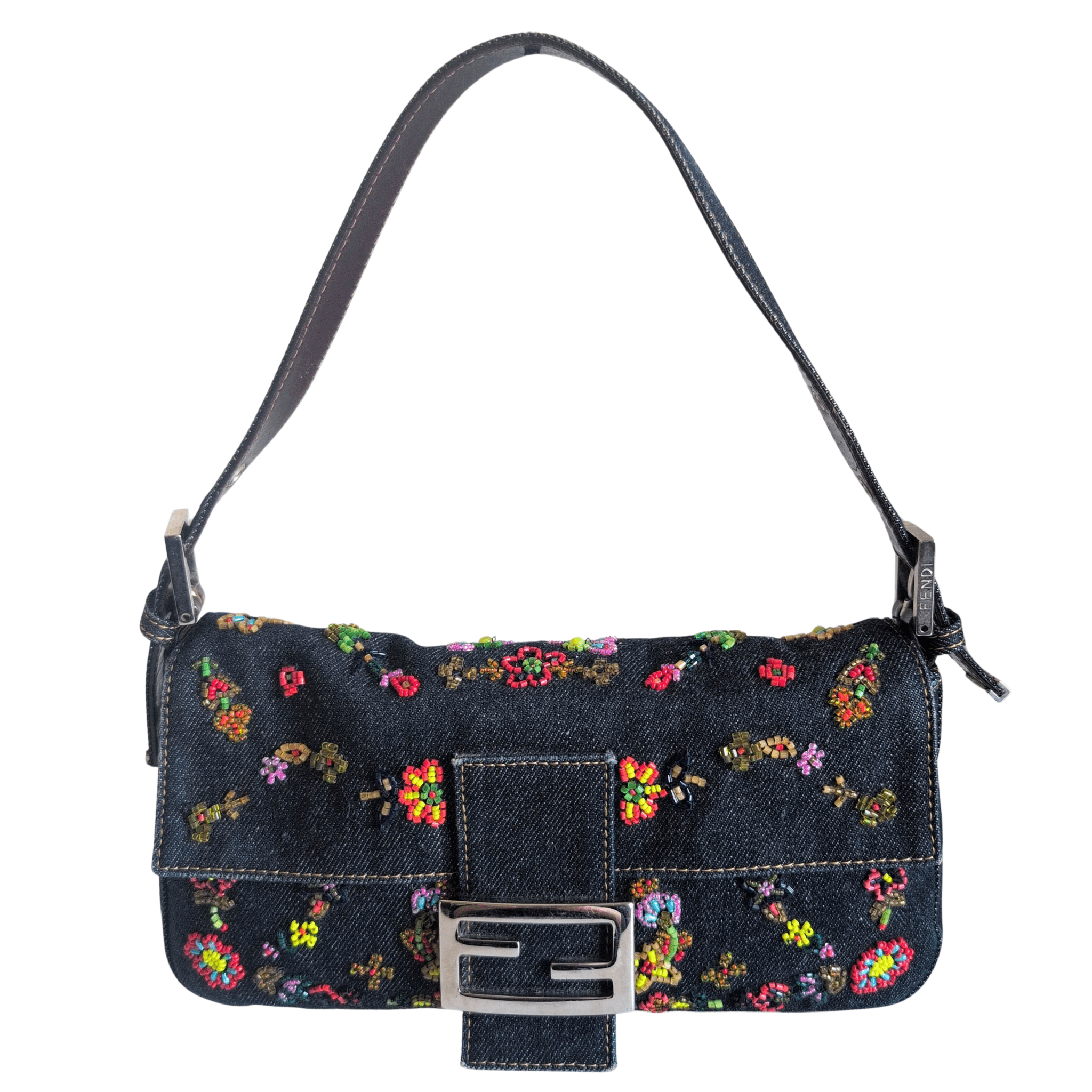 FENDI Baguette Denim Floral Beaded Shoulder Bag, in , Sold by HIVE PRELOVED - Shoulder Bags, ,