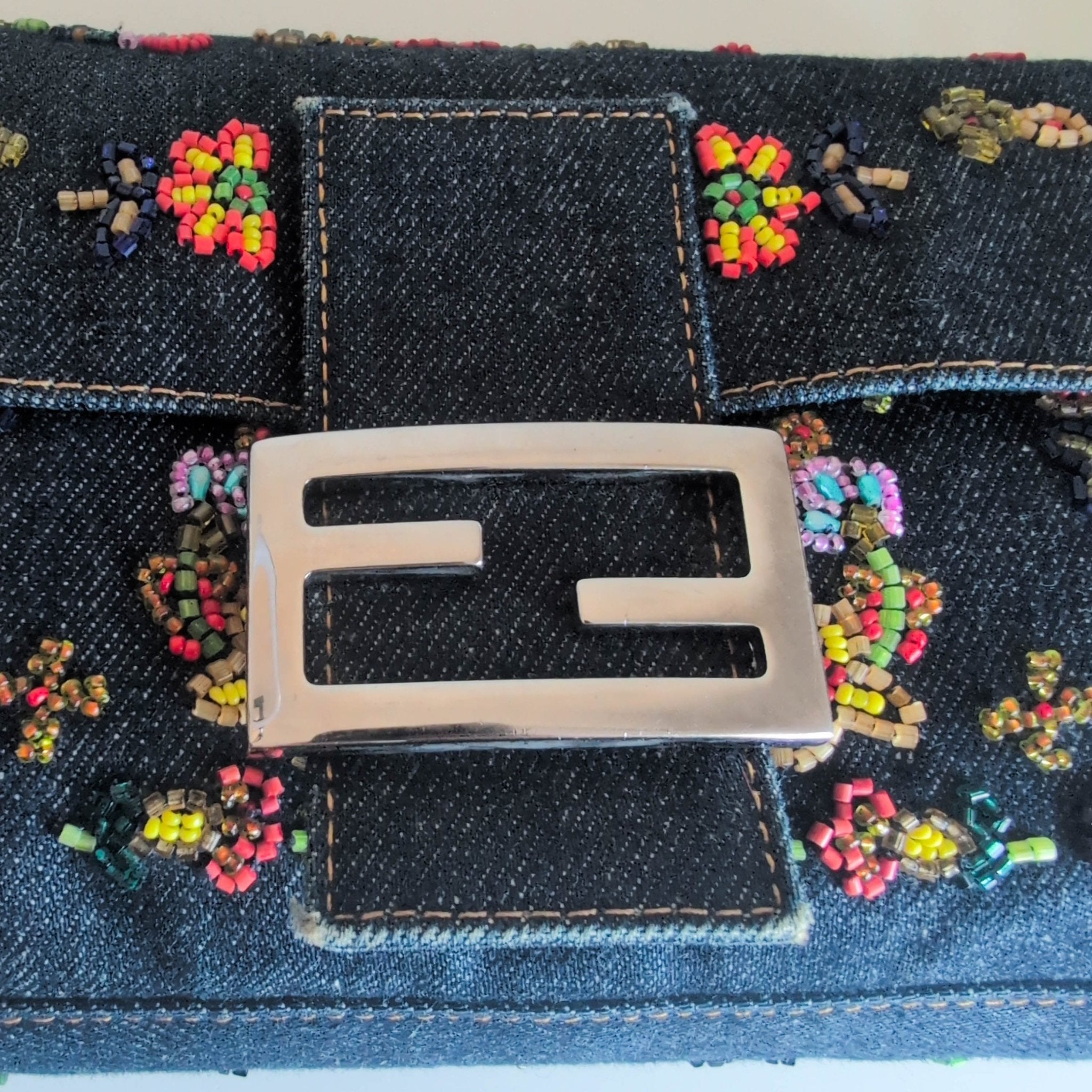 FENDI Baguette Denim Floral Beaded Shoulder Bag, in , Sold by HIVE PRELOVED - Shoulder Bags, ,