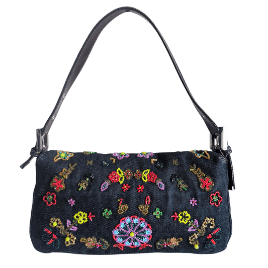 FENDI Baguette Denim Floral Beaded Shoulder Bag, in , Sold by HIVE PRELOVED - Shoulder Bags, ,