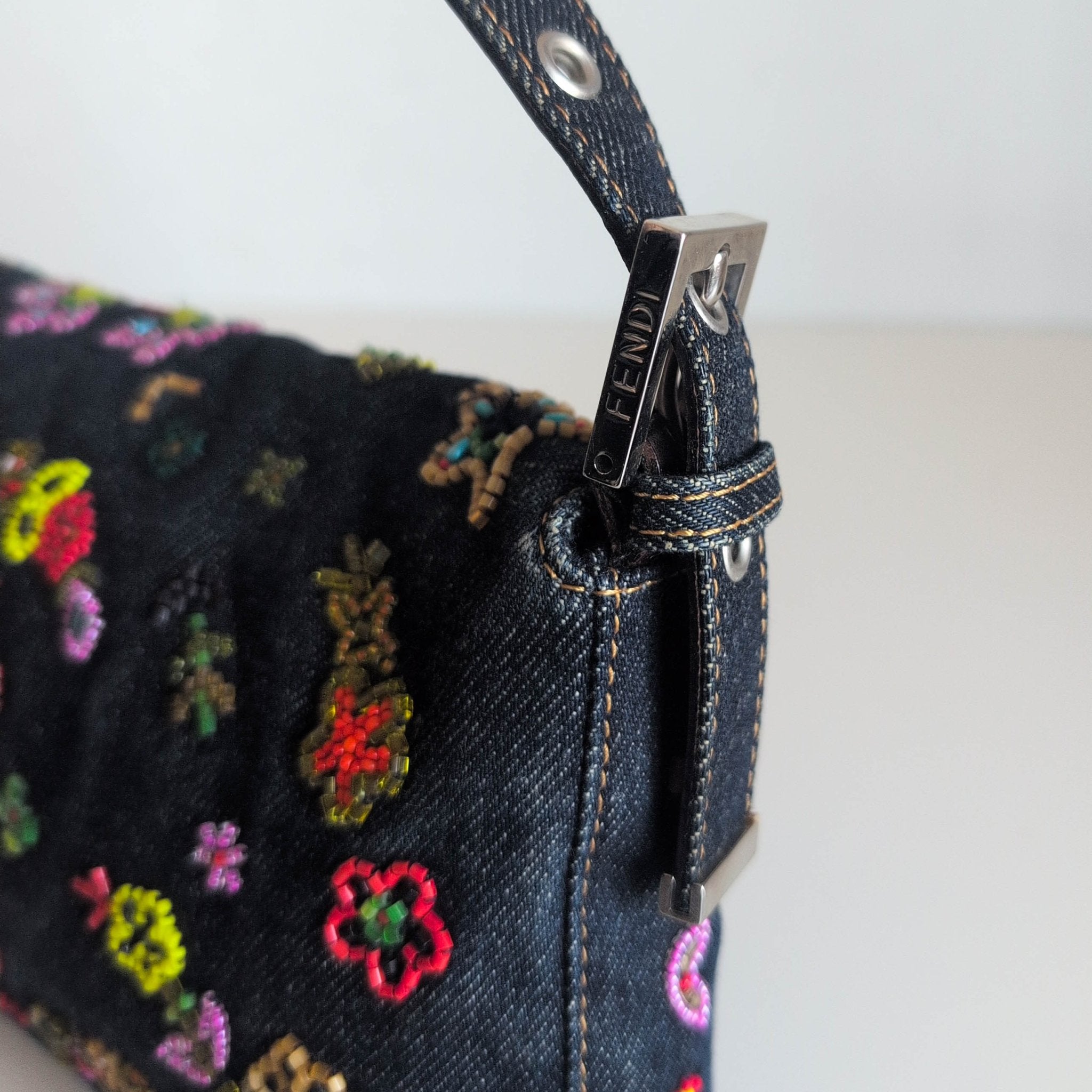 FENDI Baguette Denim Floral Beaded Shoulder Bag, in , Sold by HIVE PRELOVED - Shoulder Bags, ,