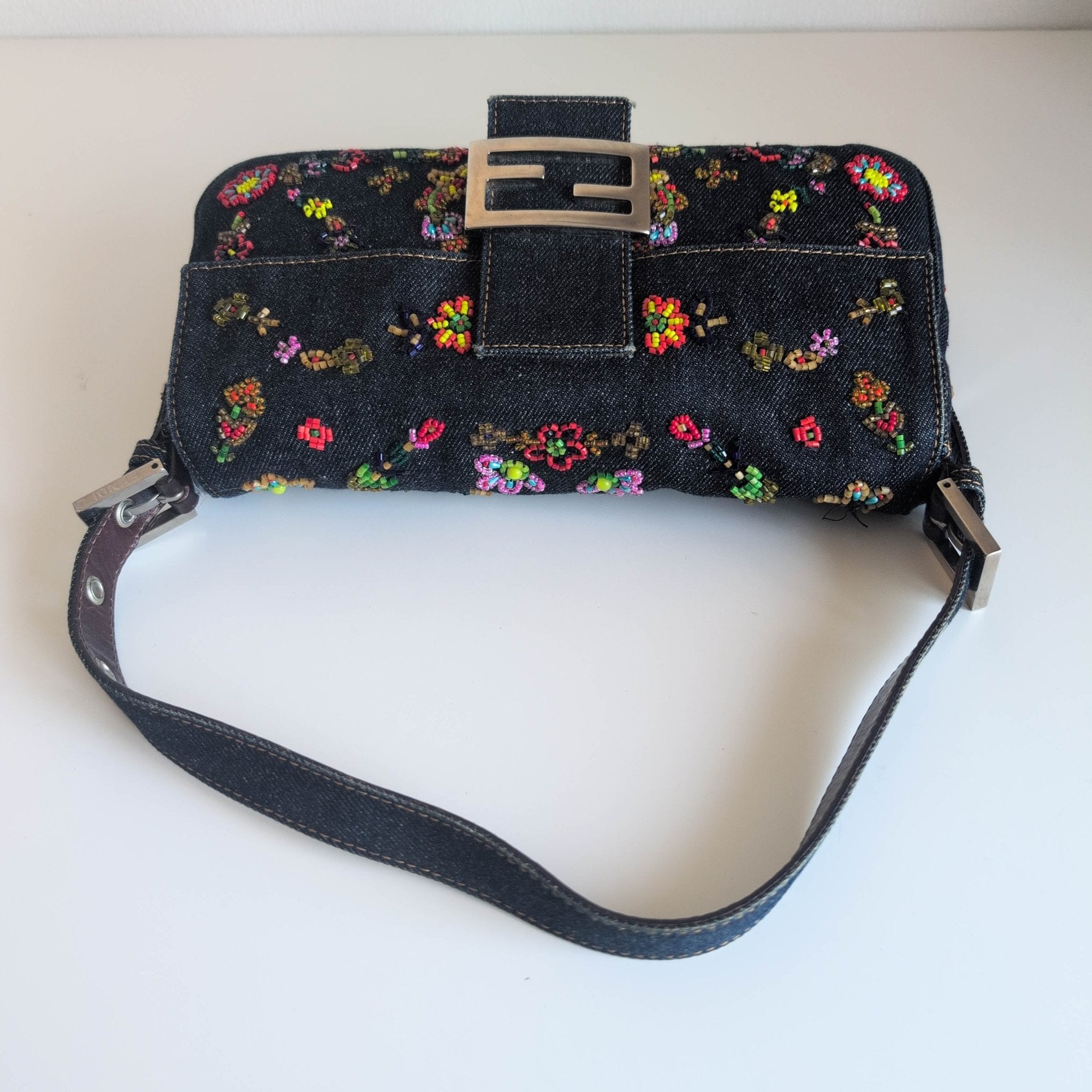 FENDI Baguette Denim Floral Beaded Shoulder Bag, in , Sold by HIVE PRELOVED - Shoulder Bags, ,