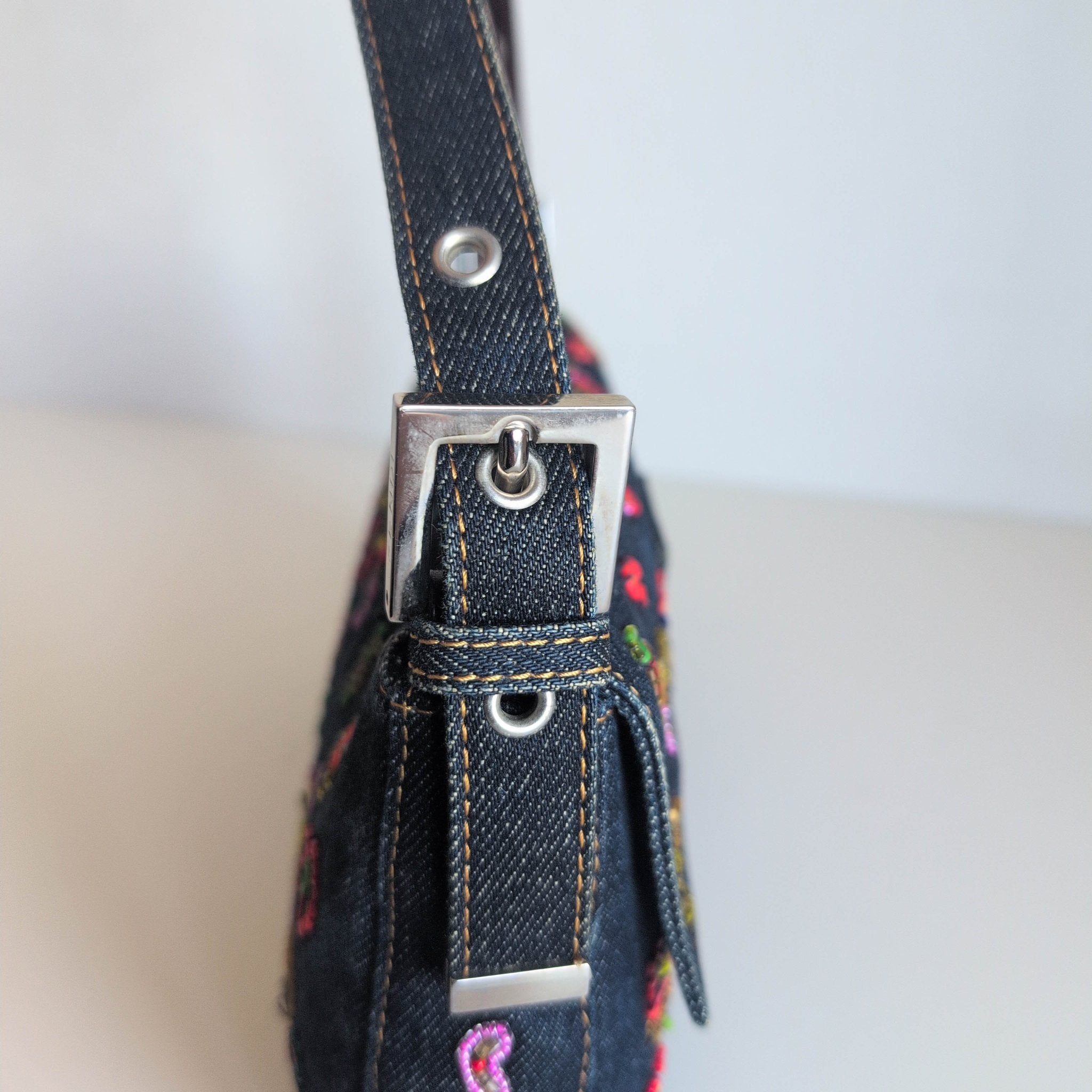 FENDI Baguette Denim Floral Beaded Shoulder Bag, in , Sold by HIVE PRELOVED - Shoulder Bags, ,