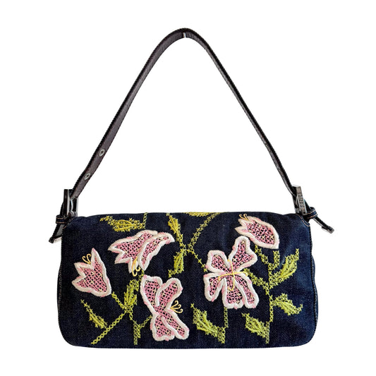 FENDI Baguette Denim Floral Embroidery Shoulder Bag, in , Sold by HIVE PRELOVED - Shoulder Bags, ,