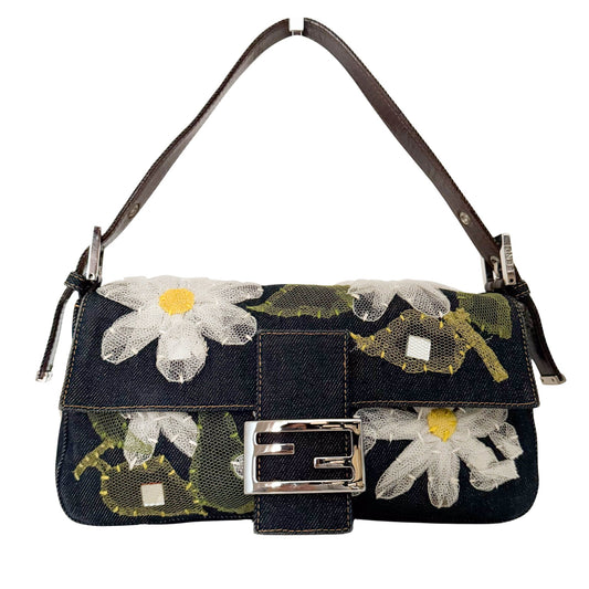 FENDI Baguette Denim Flower Embroidered Shoulder Bag, in , Sold by HIVE PRELOVED - Shoulder Bags