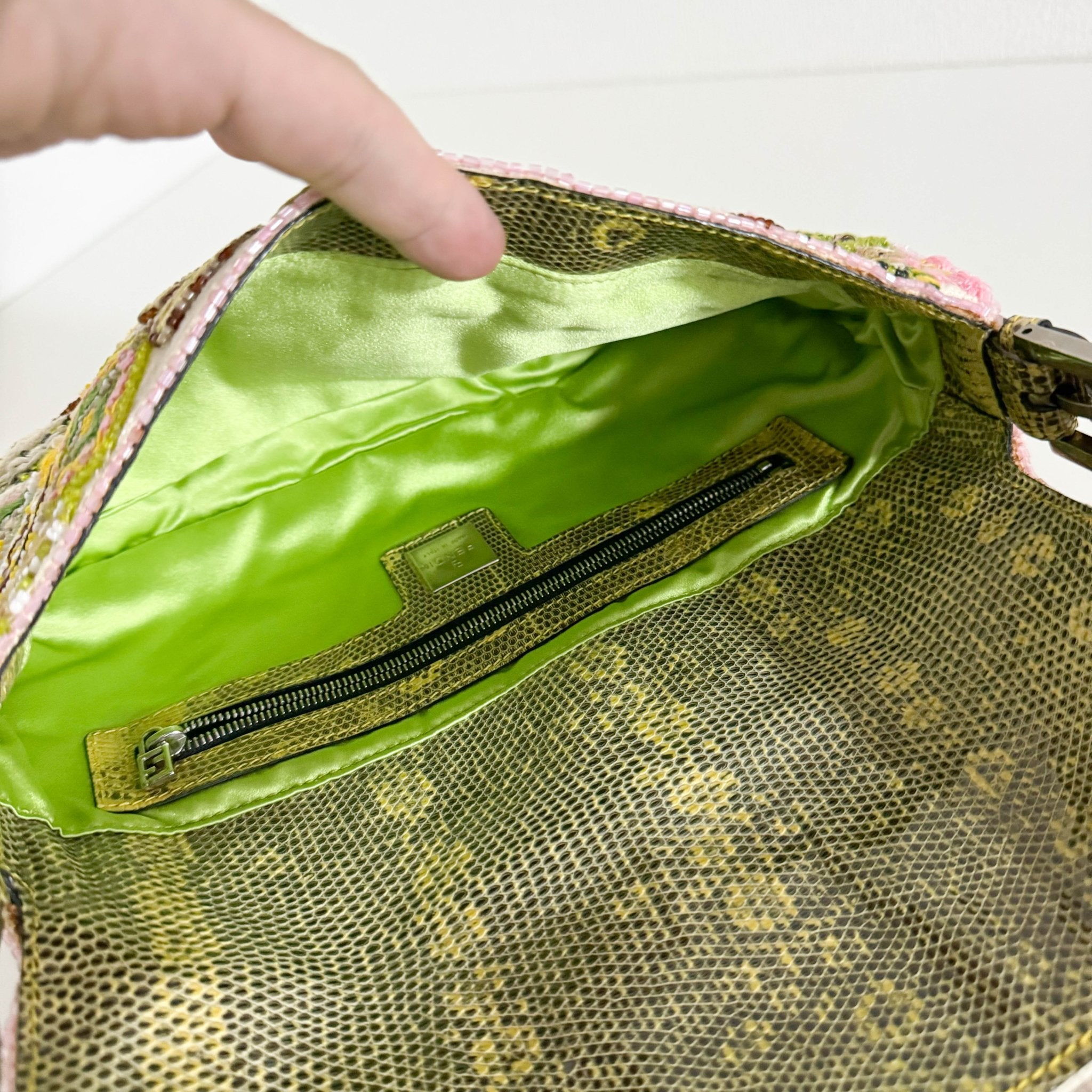 FENDI Baguette Embroidered Beaded Pink / Green Shoulder Bag, in , Sold by HIVE PRELOVED - Shoulder Bags, ,