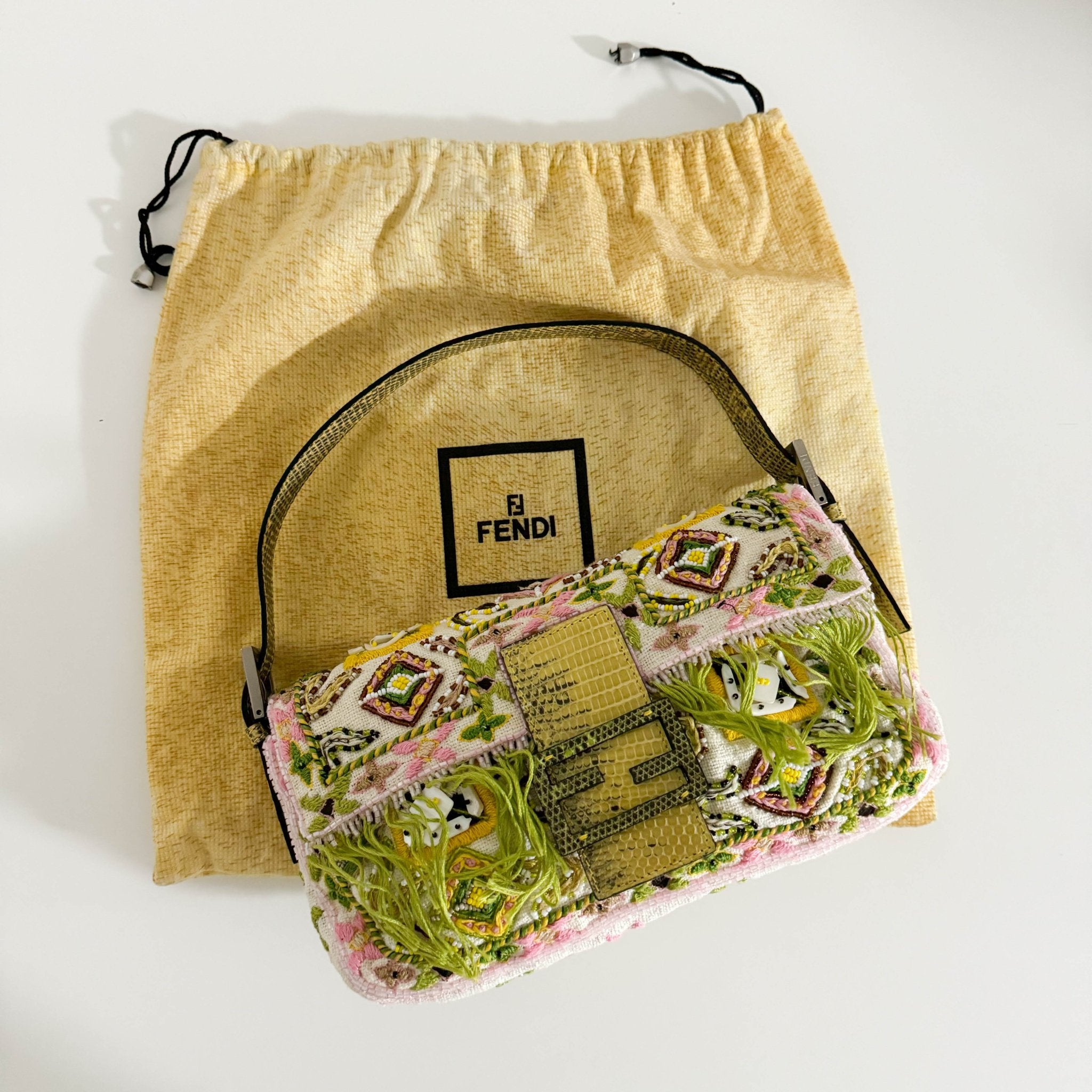 FENDI Baguette Embroidered Beaded Pink / Green Shoulder Bag, in , Sold by HIVE PRELOVED - Shoulder Bags, ,