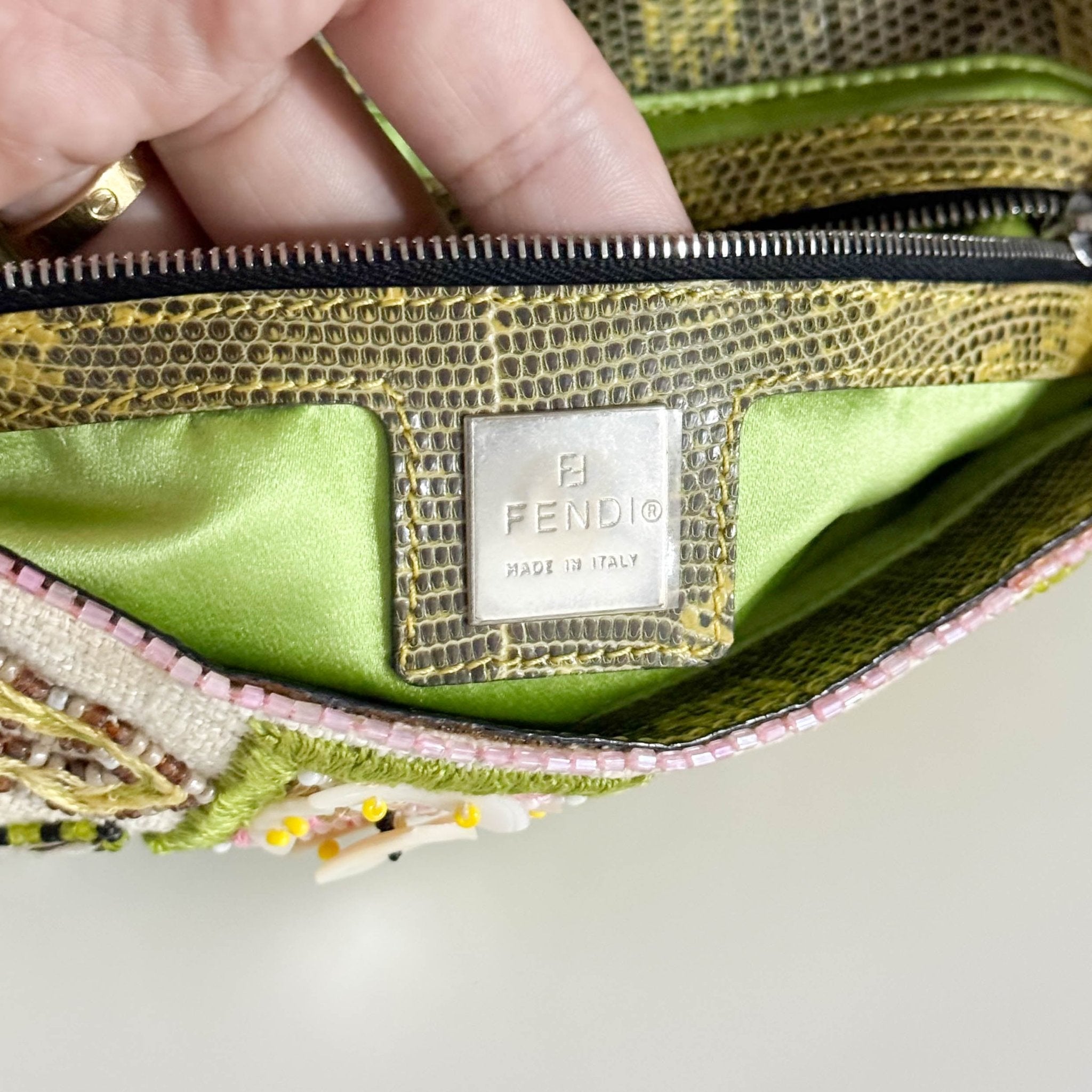 FENDI Baguette Embroidered Beaded Pink / Green Shoulder Bag, in , Sold by HIVE PRELOVED - Shoulder Bags, ,