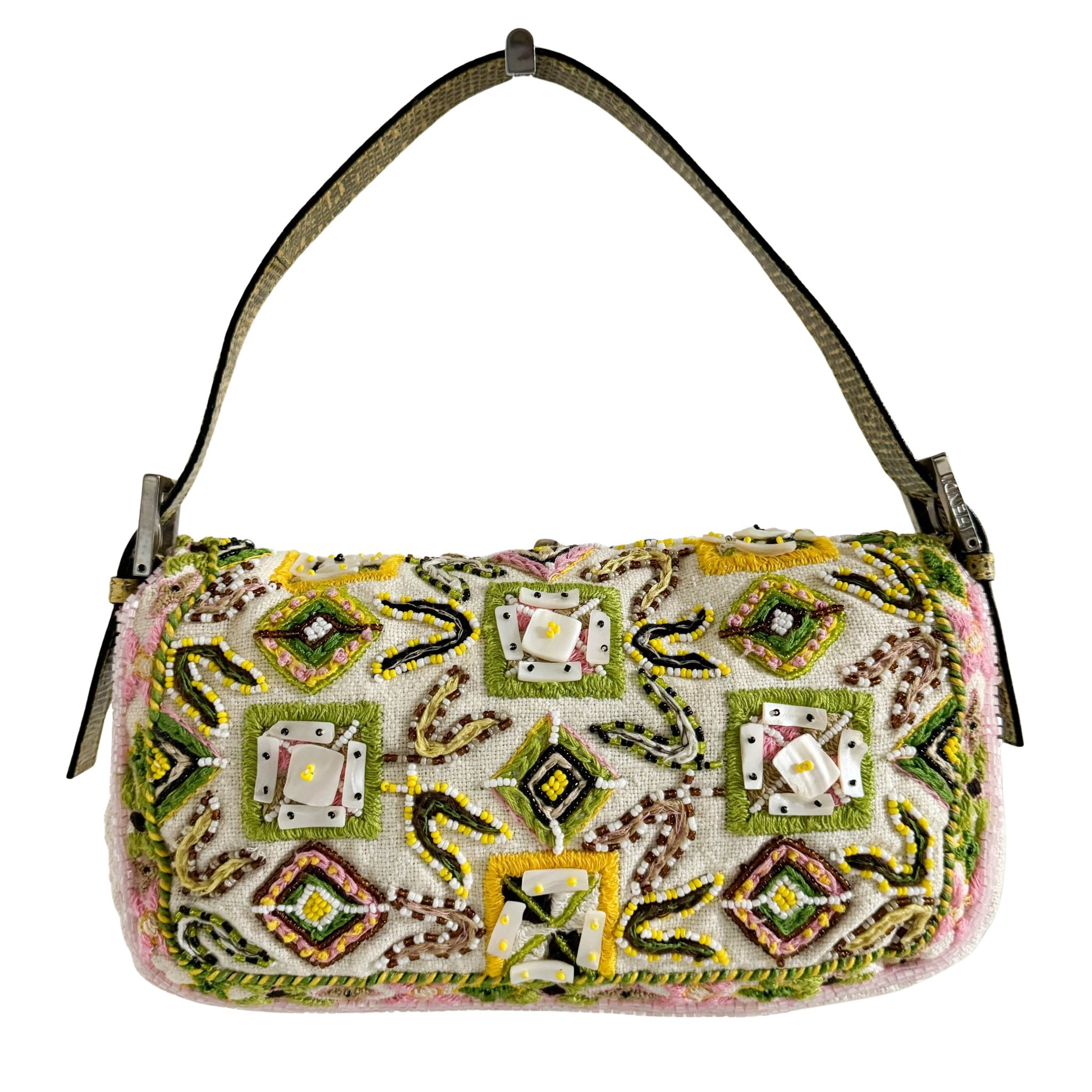 FENDI Baguette Embroidered Beaded Pink / Green Shoulder Bag, in , Sold by HIVE PRELOVED - Shoulder Bags, ,
