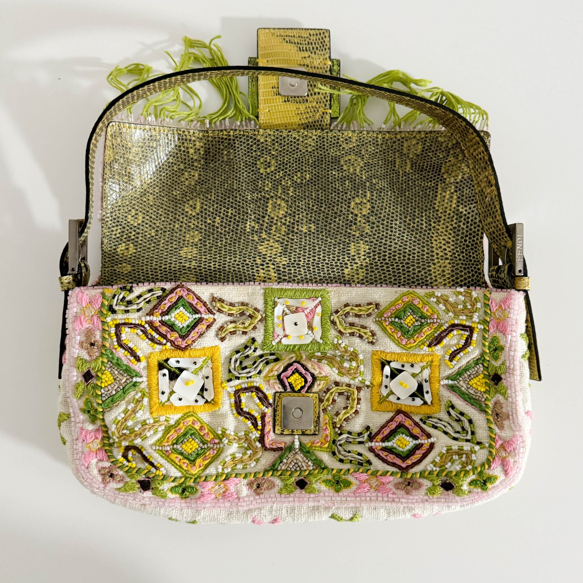 FENDI Baguette Embroidered Beaded Pink / Green Shoulder Bag, in , Sold by HIVE PRELOVED - Shoulder Bags, ,