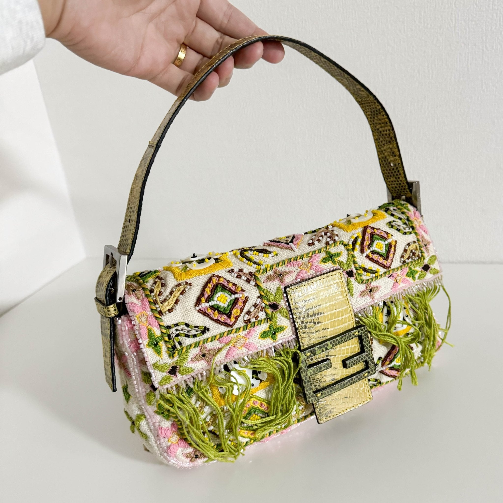 FENDI Baguette Embroidered Beaded Pink / Green Shoulder Bag, in , Sold by HIVE PRELOVED - Shoulder Bags, ,