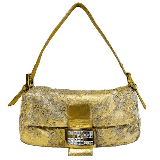 FENDI Baguette Gold Leather / Lace Rhinestone Shoulder Bag, in , Sold by HIVE PRELOVED - Shoulder Bags, ,