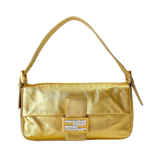 FENDI Baguette Gold Leather with Rhinestone Buckle Shoulder Bag, in , Sold by HIVE PRELOVED - Shoulder Bags, ,