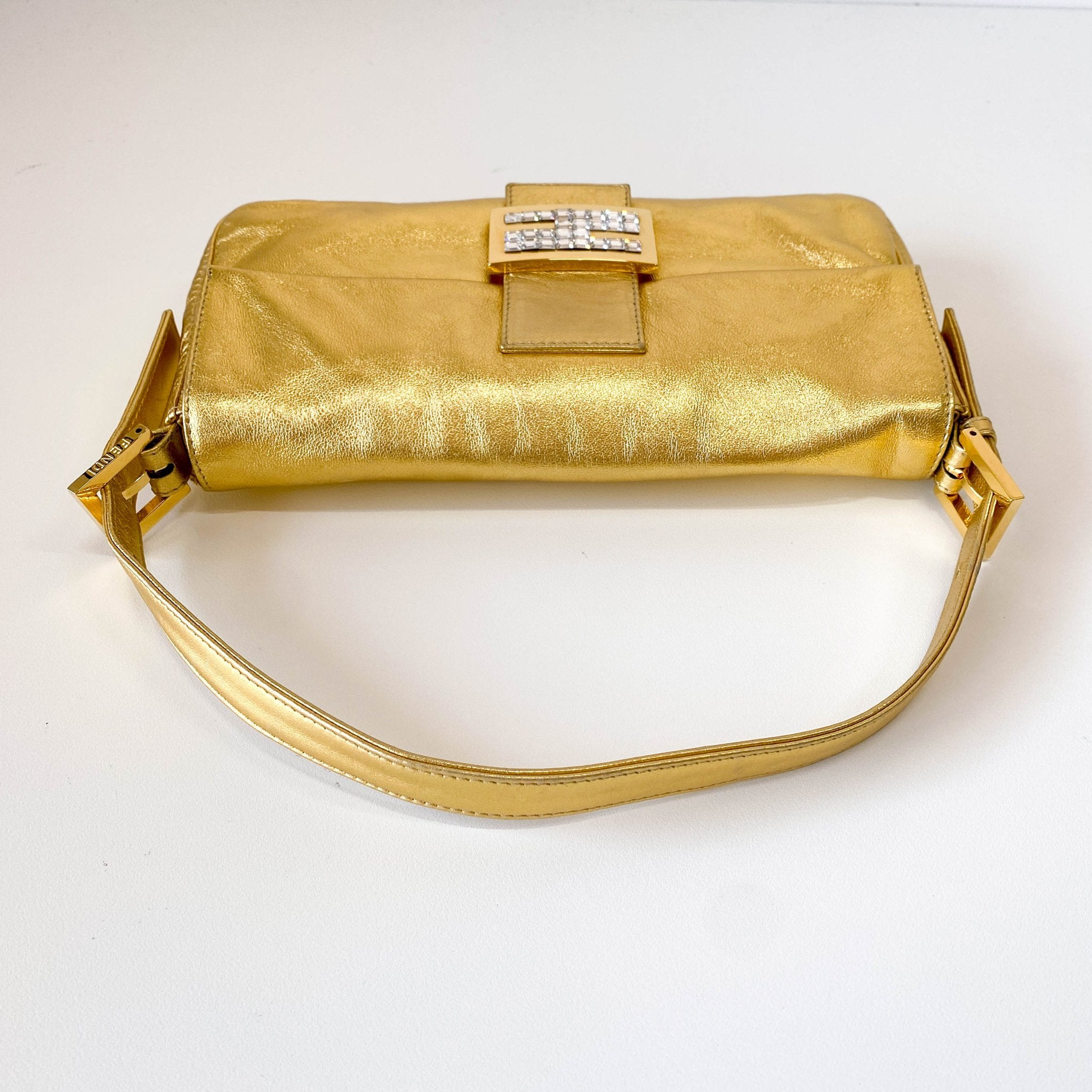 FENDI Baguette Gold Leather with Rhinestone Buckle Shoulder Bag, in , Sold by HIVE PRELOVED - Shoulder Bags, ,