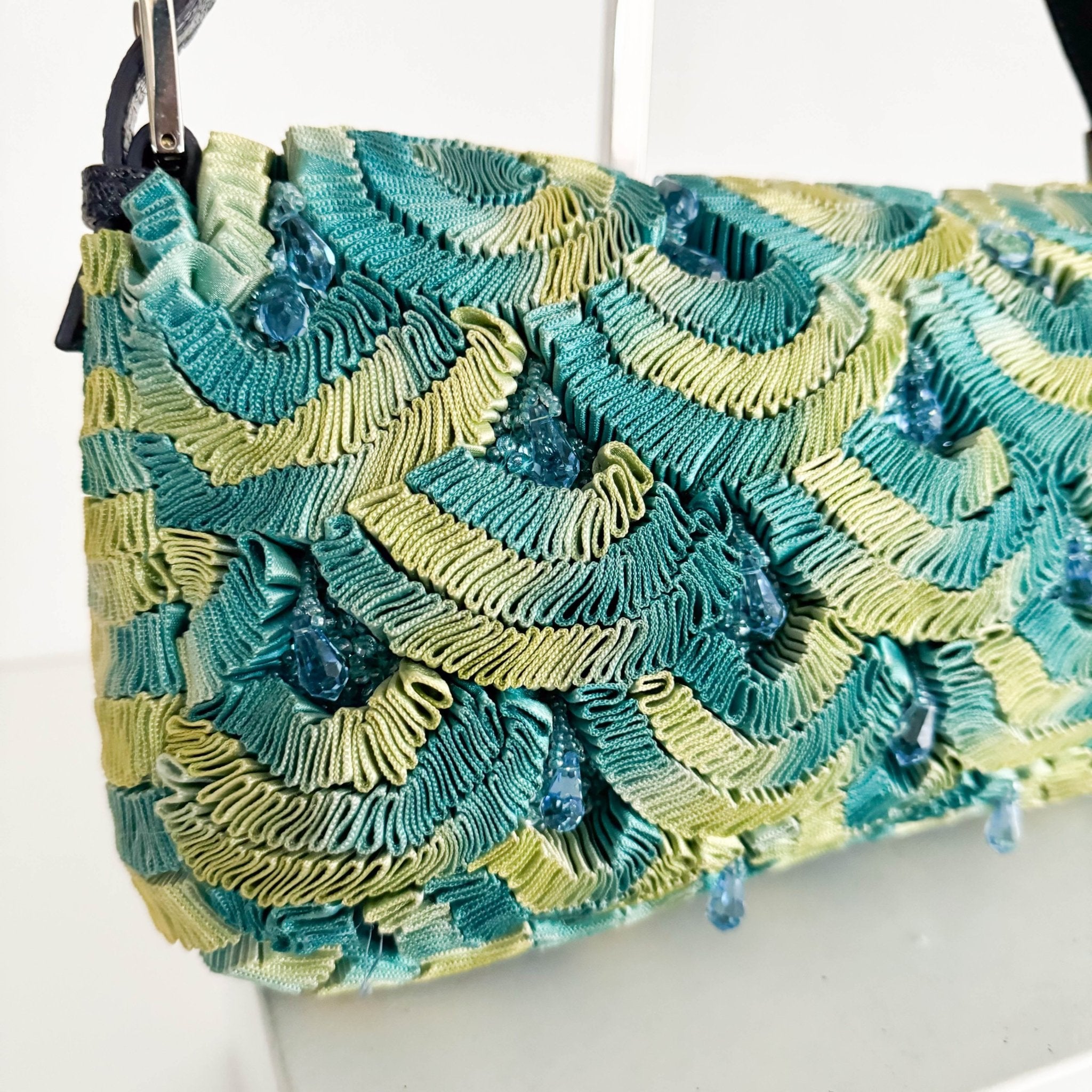 FENDI Baguette Green Pleated Silk Sky Blue Beads Rhinestones Hardware Shoulder Bag, in , Sold by HIVE PRELOVED - Shoulder Bag