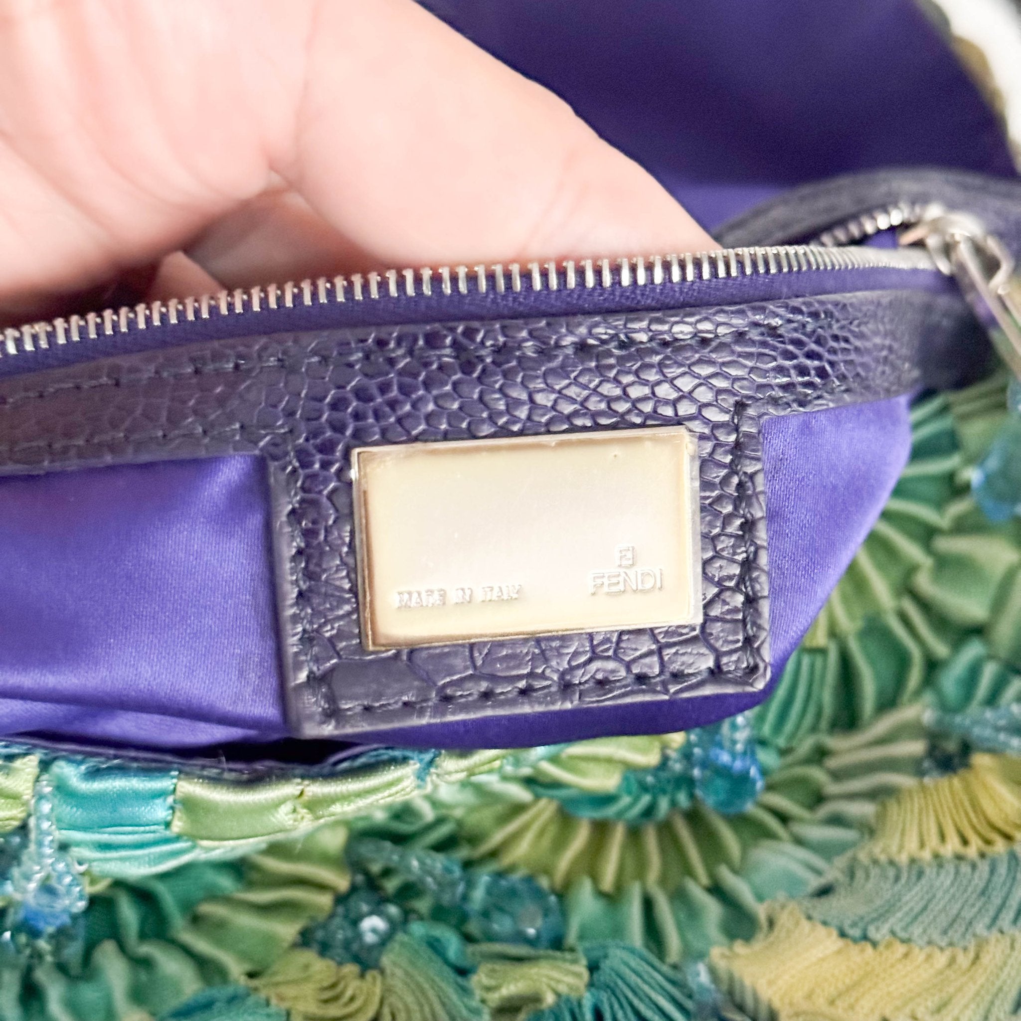 FENDI Baguette Green Pleated Silk Sky Blue Beads Rhinestones Hardware Shoulder Bag, in , Sold by HIVE PRELOVED - Shoulder Bag