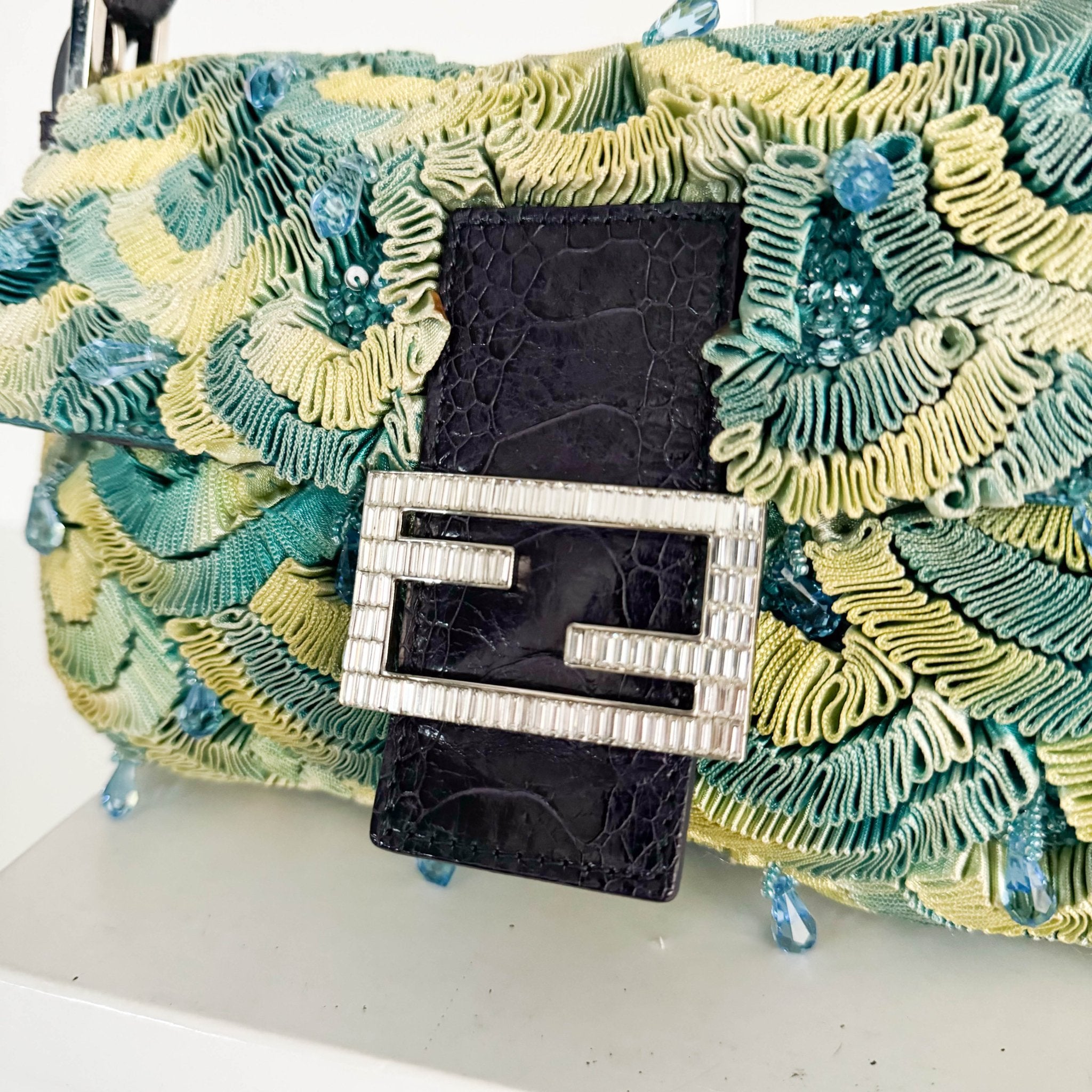 FENDI Baguette Green Pleated Silk Sky Blue Beads Rhinestones Hardware Shoulder Bag, in , Sold by HIVE PRELOVED - Shoulder Bag
