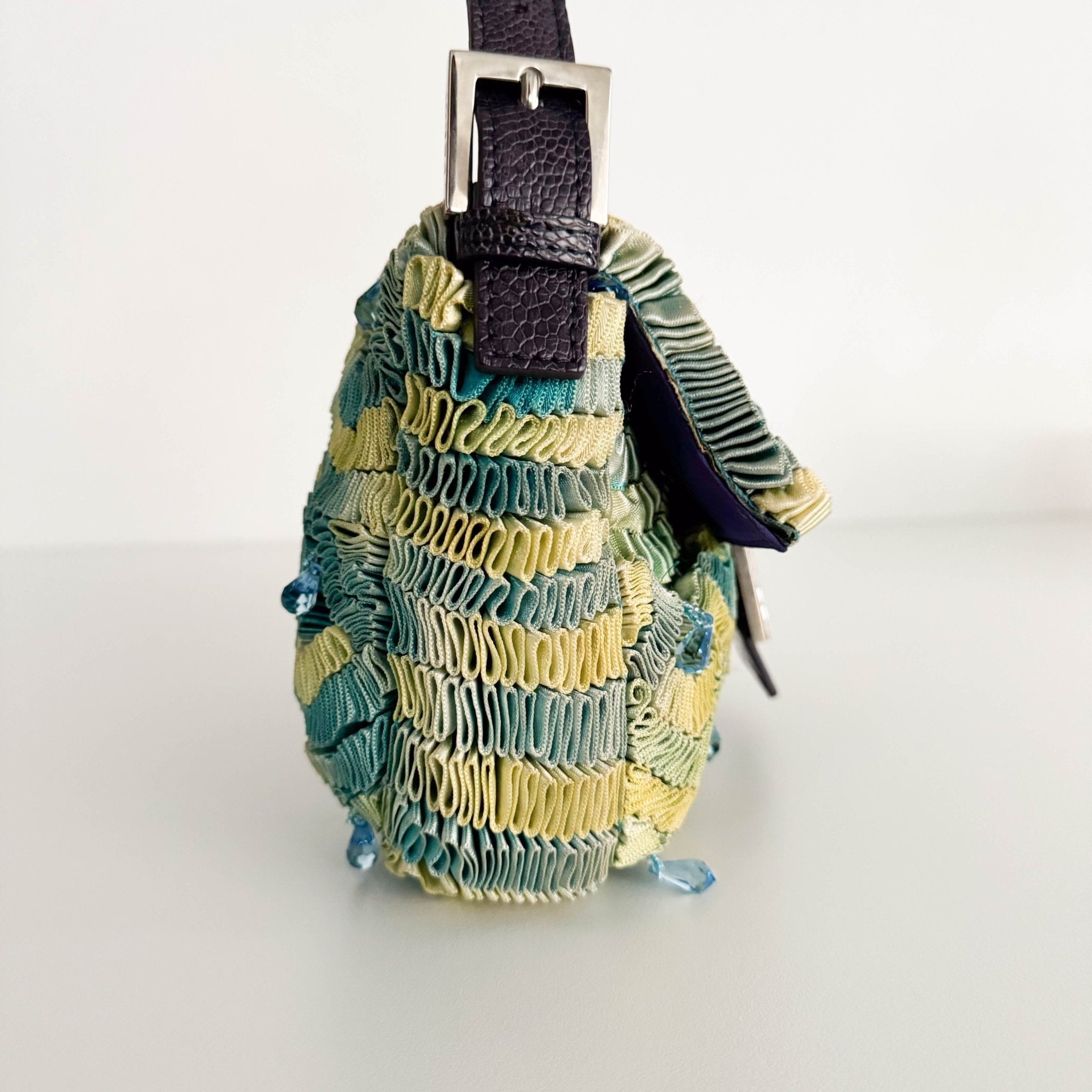 FENDI Baguette Green Pleated Silk Sky Blue Beads Rhinestones Hardware Shoulder Bag, in , Sold by HIVE PRELOVED - Shoulder Bag