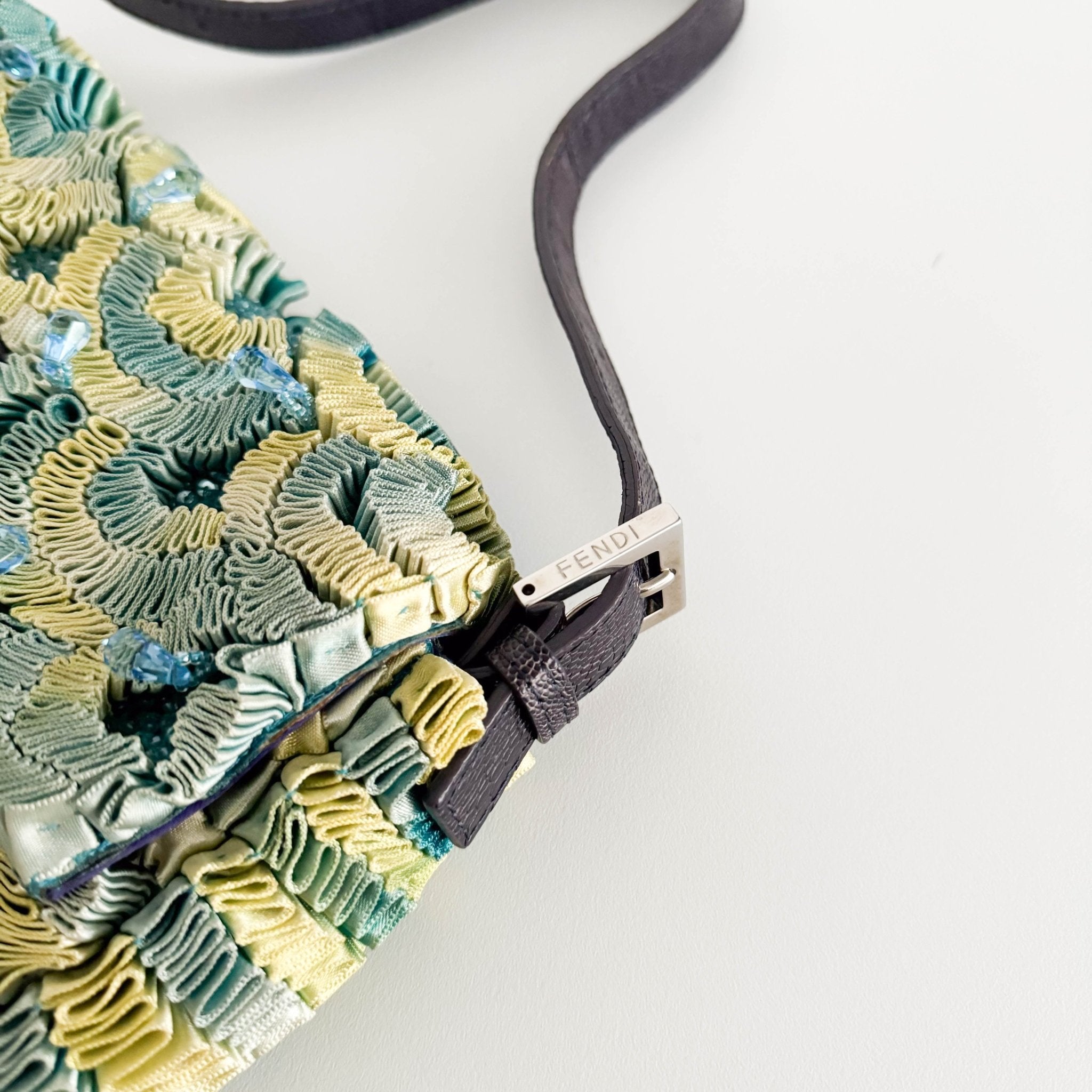 FENDI Baguette Green Pleated Silk Sky Blue Beads Rhinestones Hardware Shoulder Bag, in , Sold by HIVE PRELOVED - Shoulder Bag