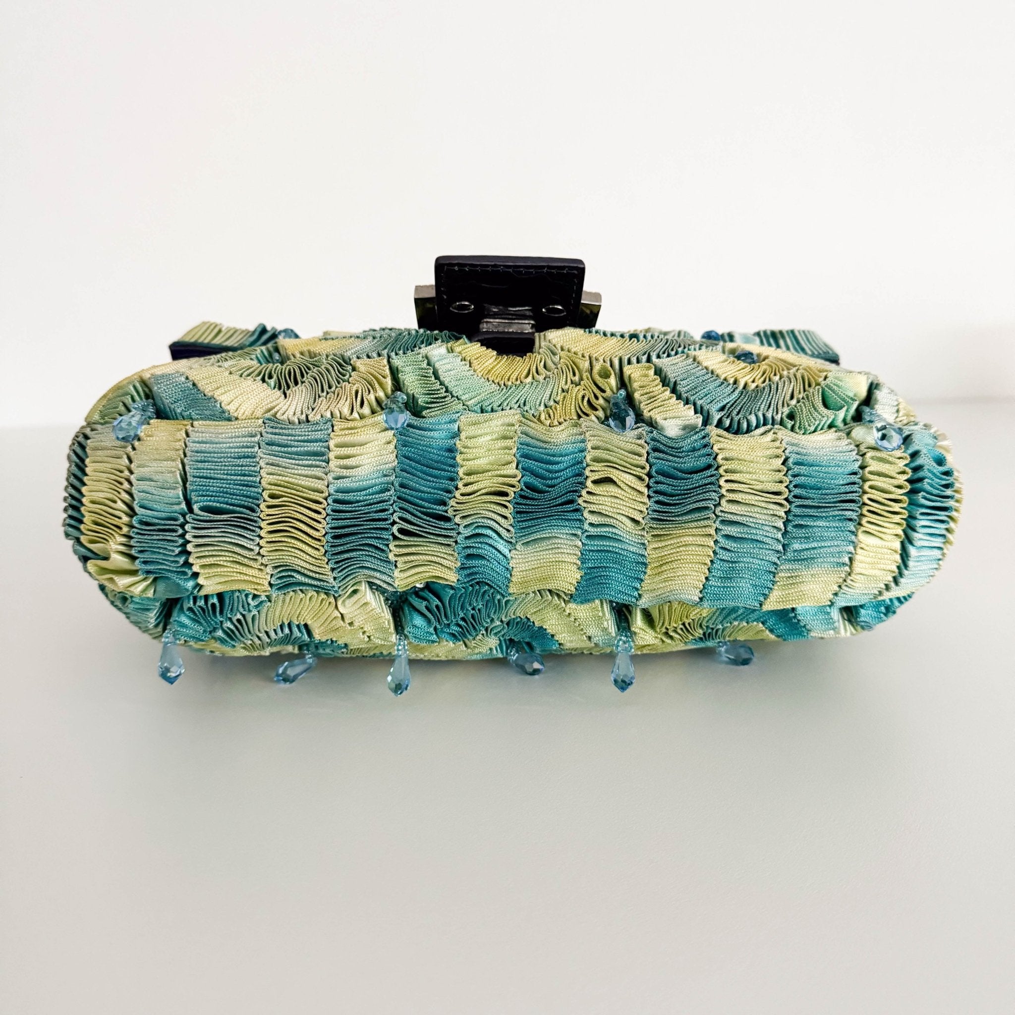 FENDI Baguette Green Pleated Silk Sky Blue Beads Rhinestones Hardware Shoulder Bag, in , Sold by HIVE PRELOVED - Shoulder Bag