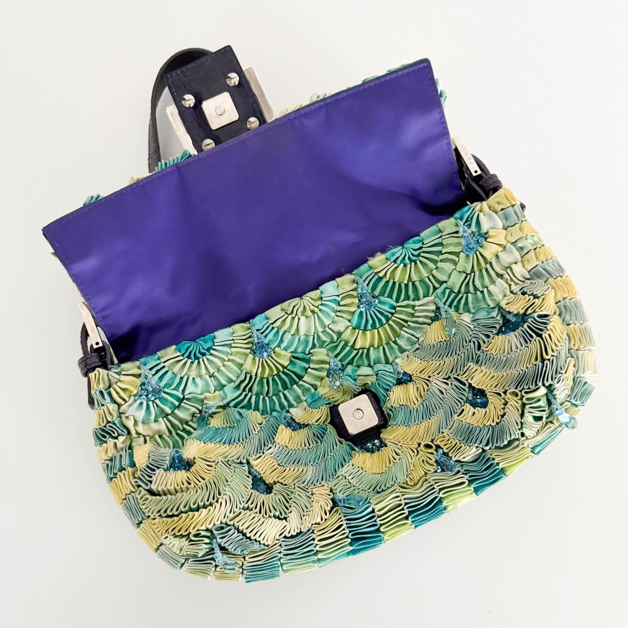 FENDI Baguette Green Pleated Silk Sky Blue Beads Rhinestones Hardware Shoulder Bag, in , Sold by HIVE PRELOVED - Shoulder Bag