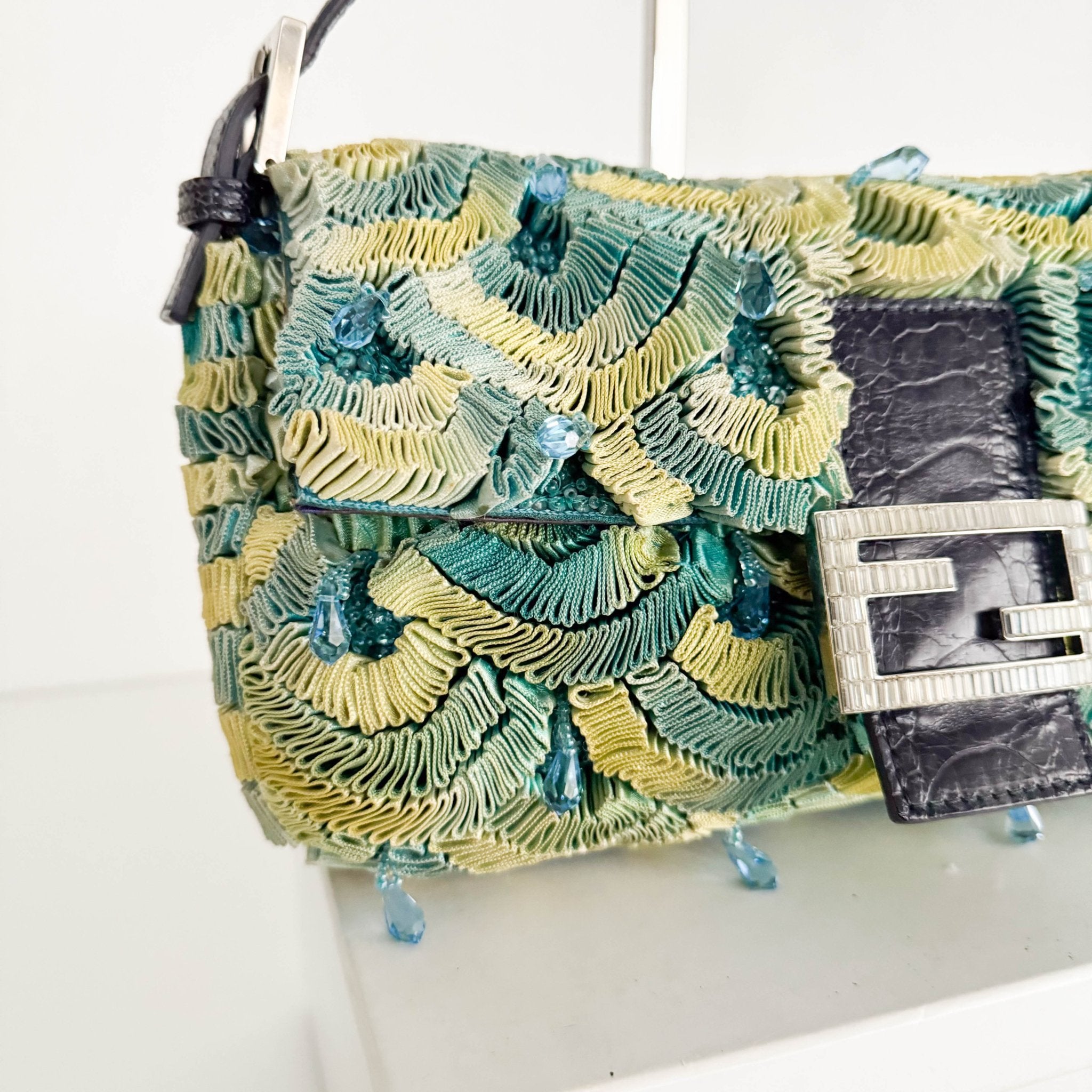 FENDI Baguette Green Pleated Silk Sky Blue Beads Rhinestones Hardware Shoulder Bag, in , Sold by HIVE PRELOVED - Shoulder Bag