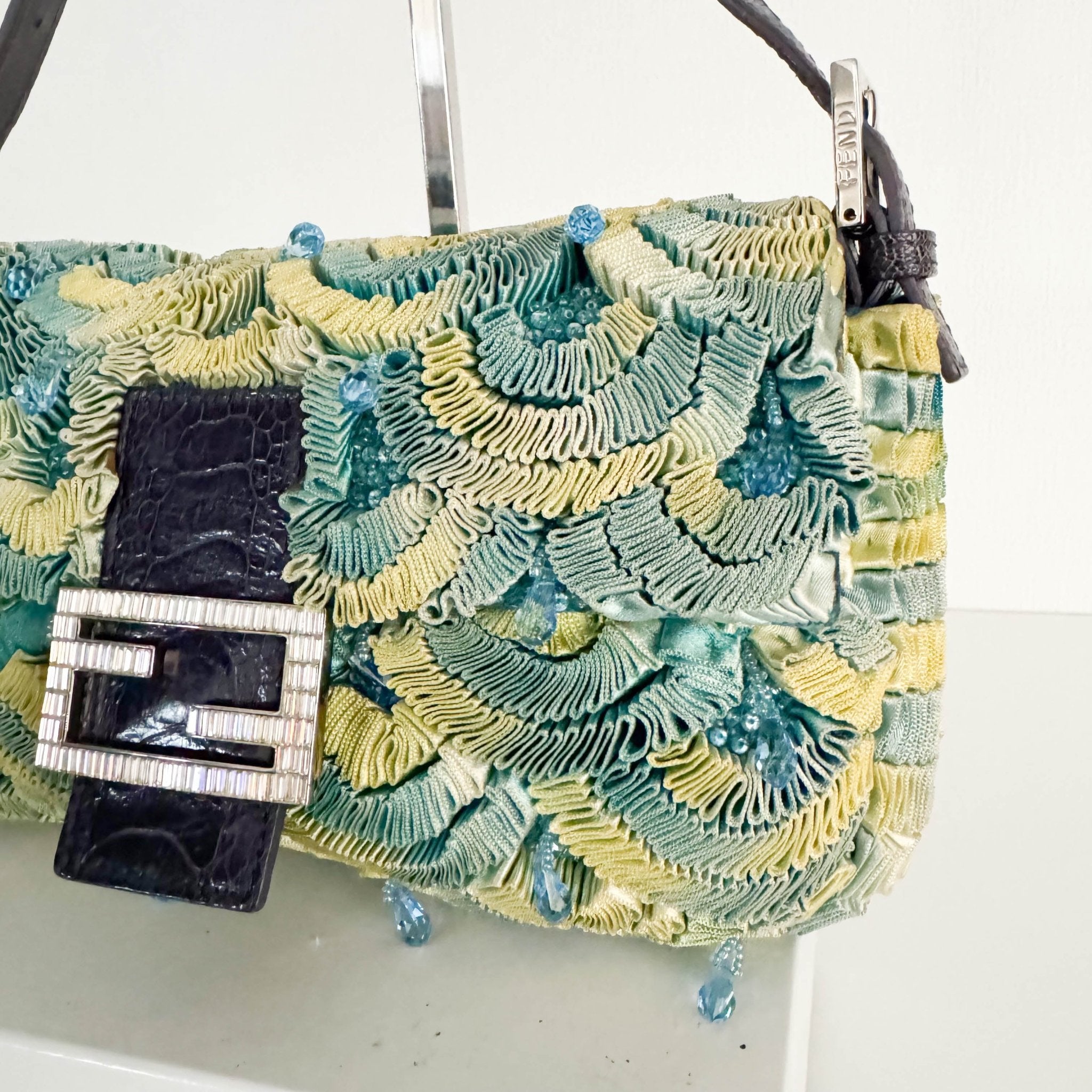 FENDI Baguette Green Pleated Silk Sky Blue Beads Rhinestones Hardware Shoulder Bag, in , Sold by HIVE PRELOVED - Shoulder Bag